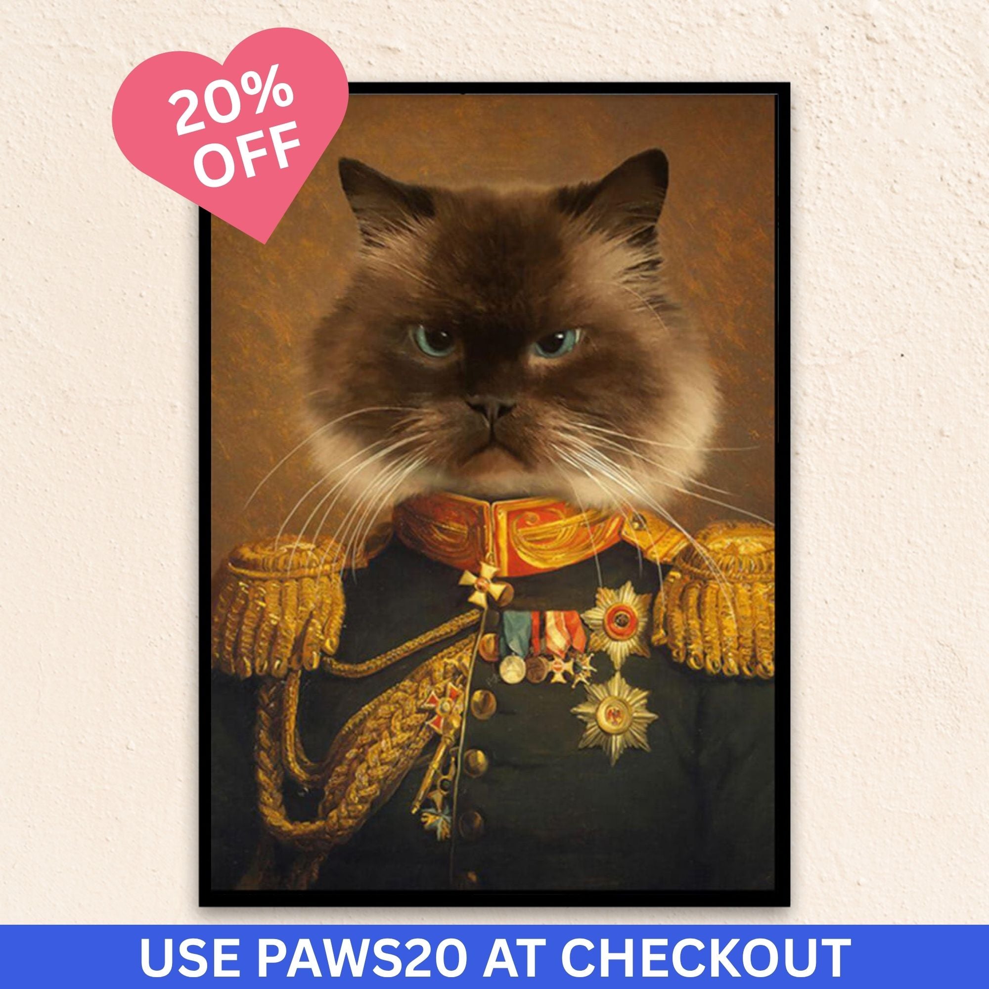 Custom royal pet portrait wall art. Siamese cat wearing renaissance royal costume with medals and red and gold collar. 