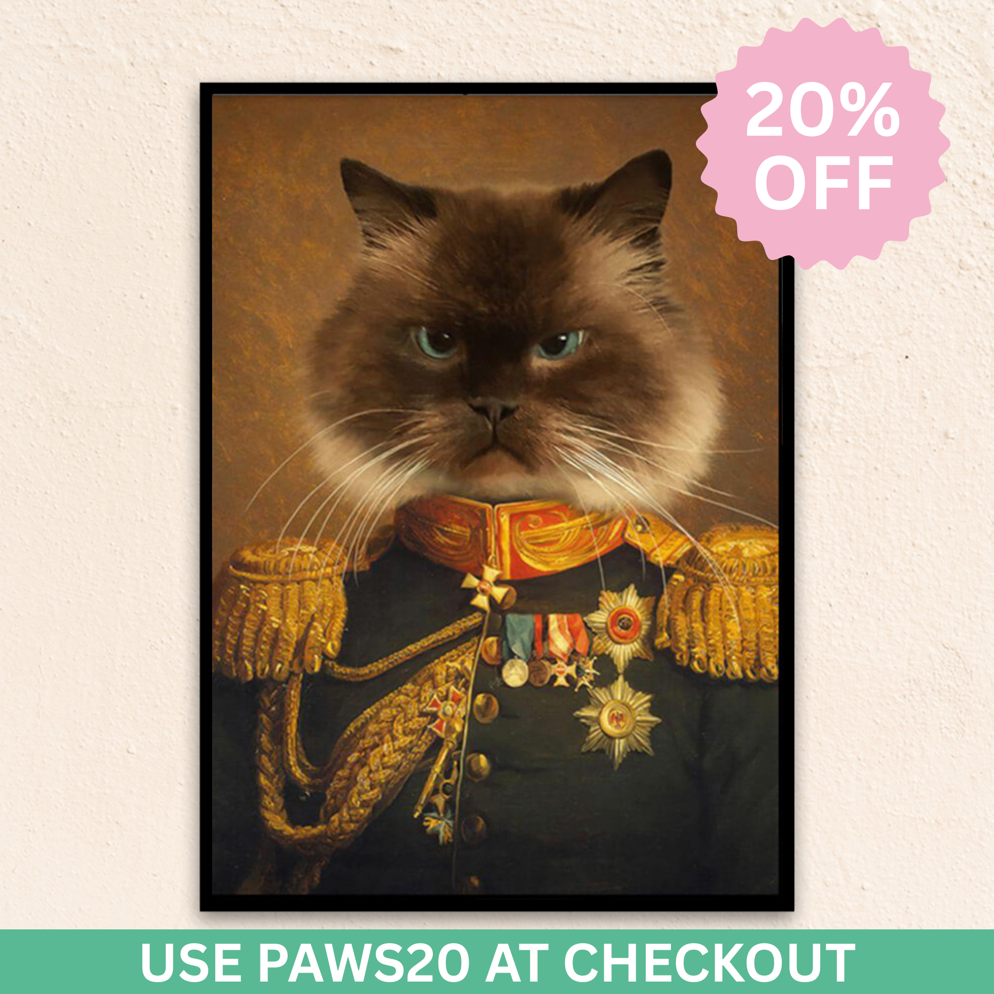 Custom royal pet portrait wall art. Siamese cat wearing renaissance royal costume with medals and red and gold collar. 