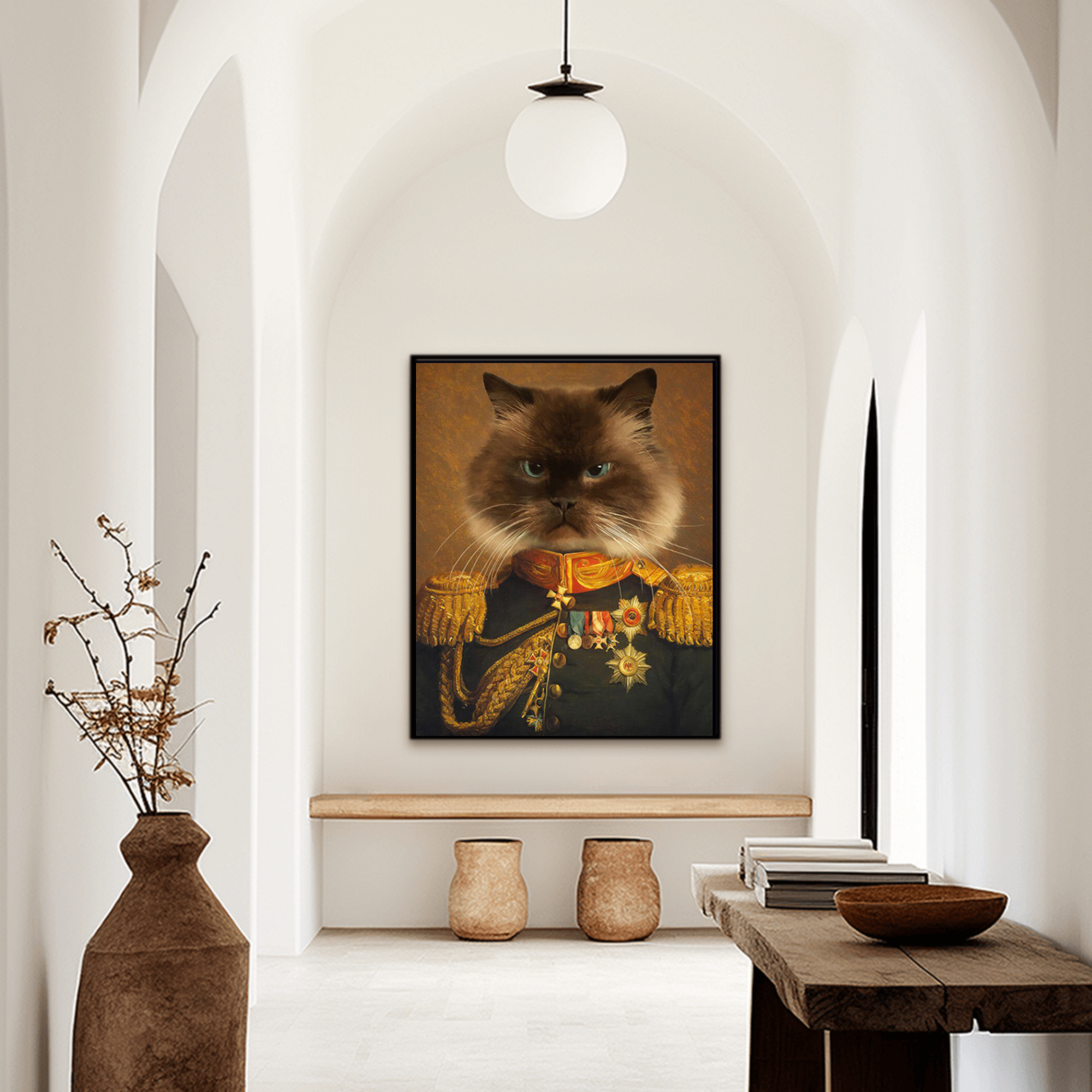 Custom royal pet portrait hallway wall art. Siamese cat wearing renaissance royal costume with medals and red and gold collar. 
