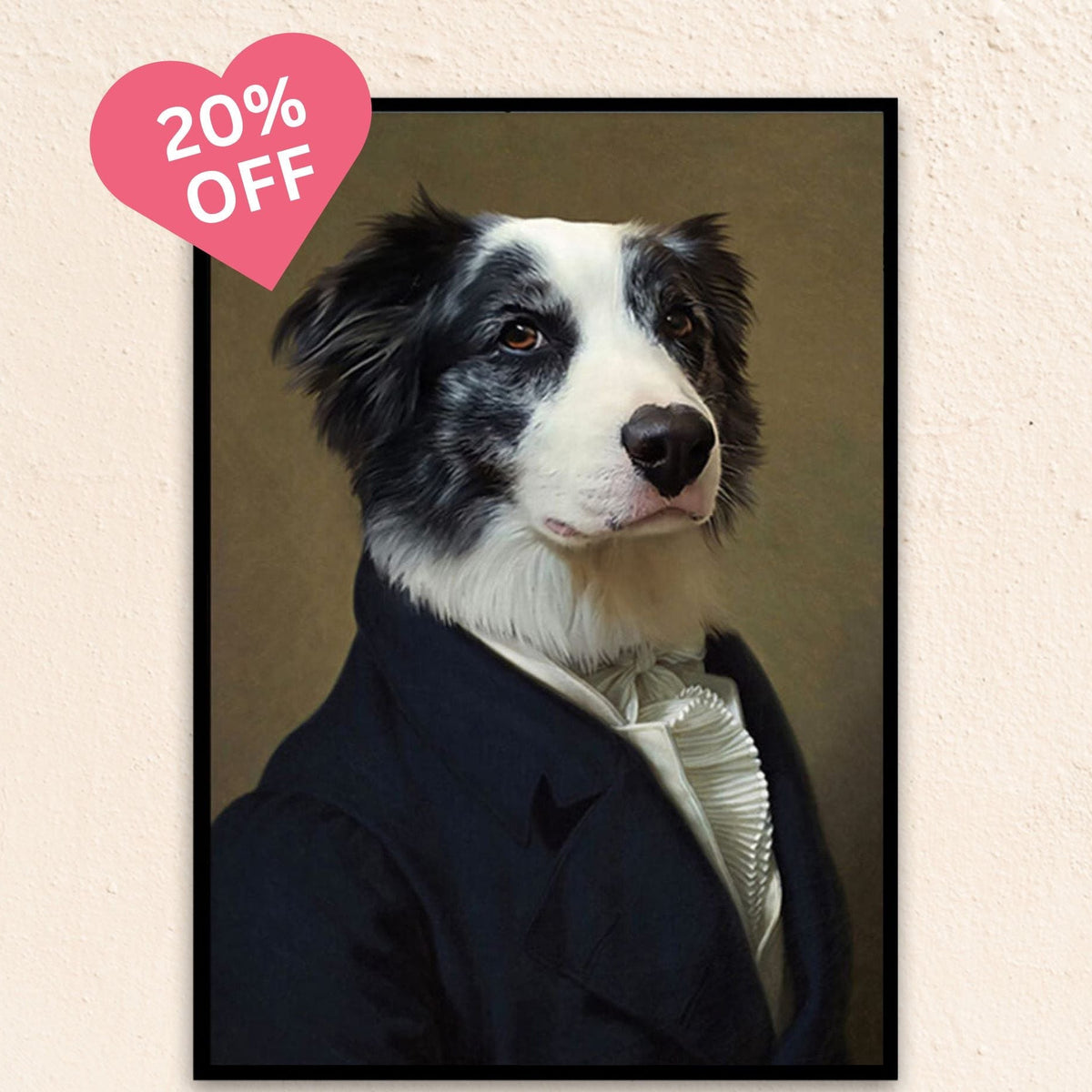 Custom Royal dog portrait wall art. Border Collie dog wearing a men's renaissance jacket and white collared frilled shirt.