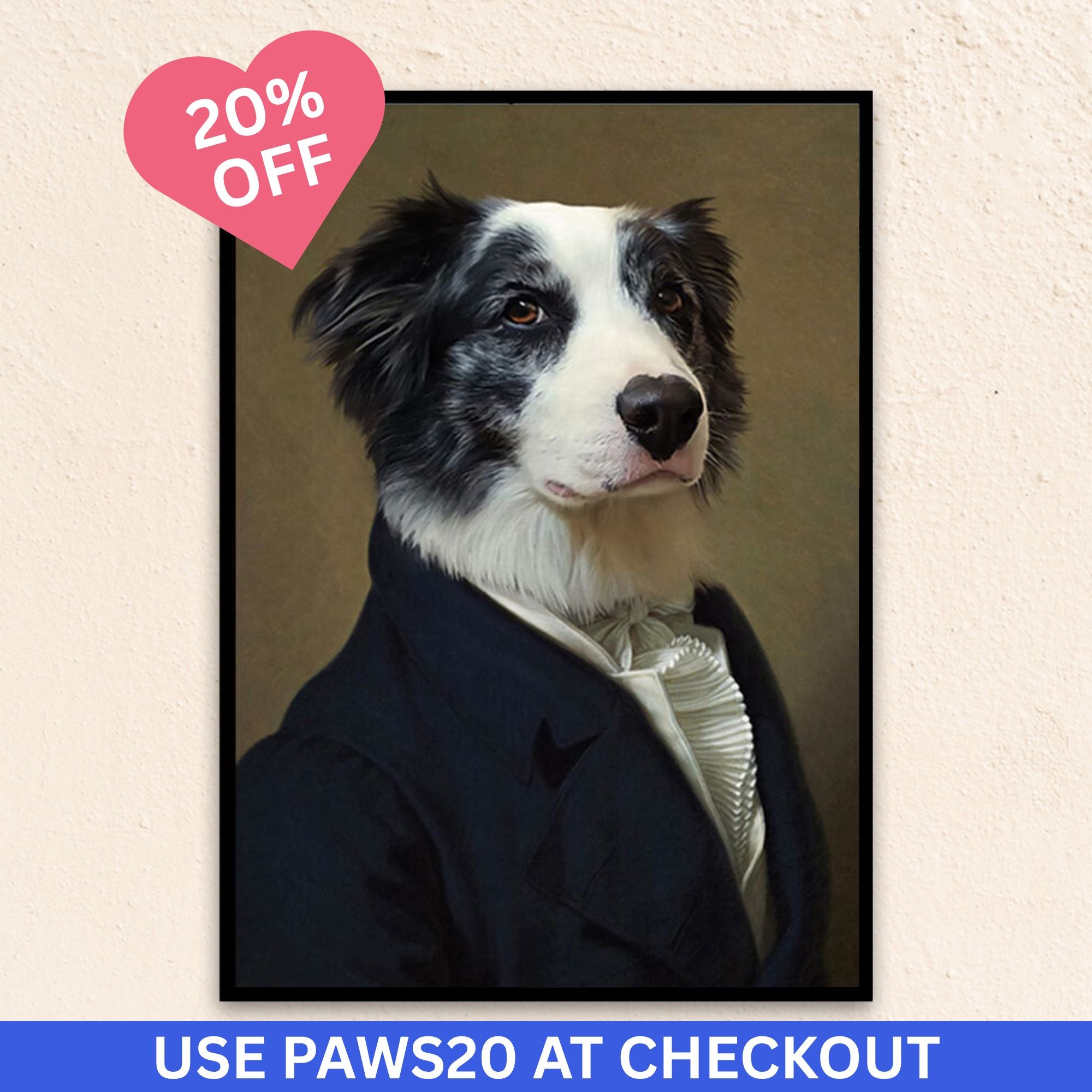 Custom Royal dog portrait wall art. Border Collie dog wearing a men's renaissance jacket and white collared frilled shirt.