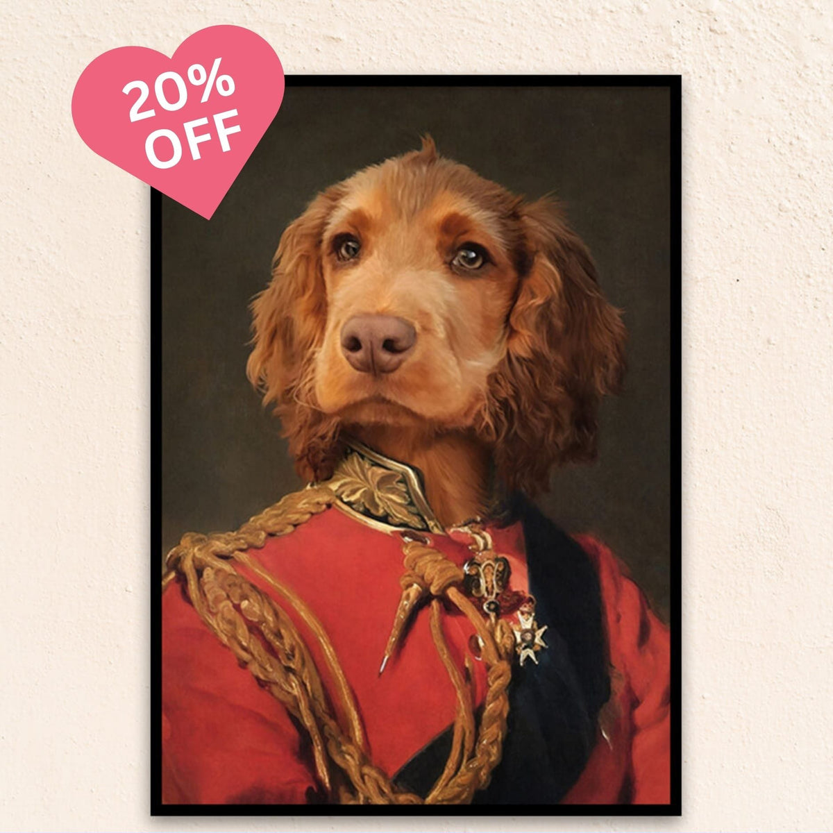 Custom military pet portrait wall art. Dog wearing red military costume with medals and black sash.