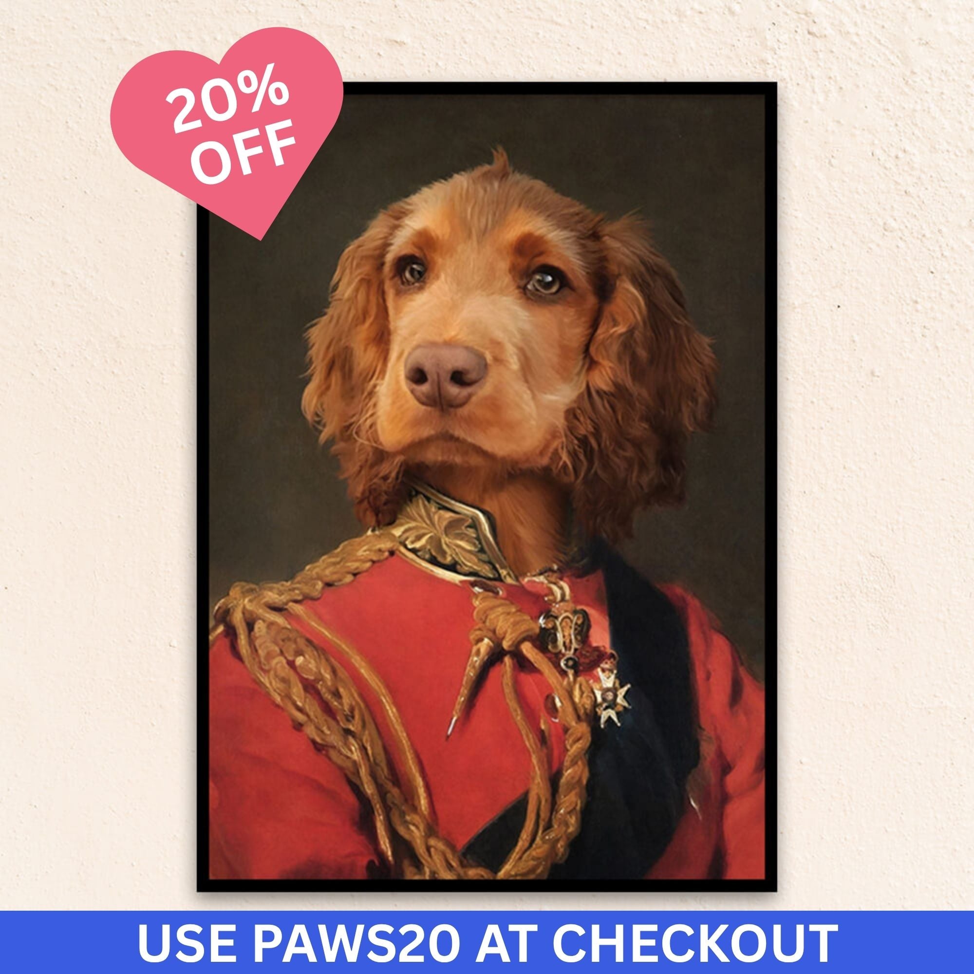 Custom military pet portrait wall art. Dog wearing red military costume with medals and black sash.