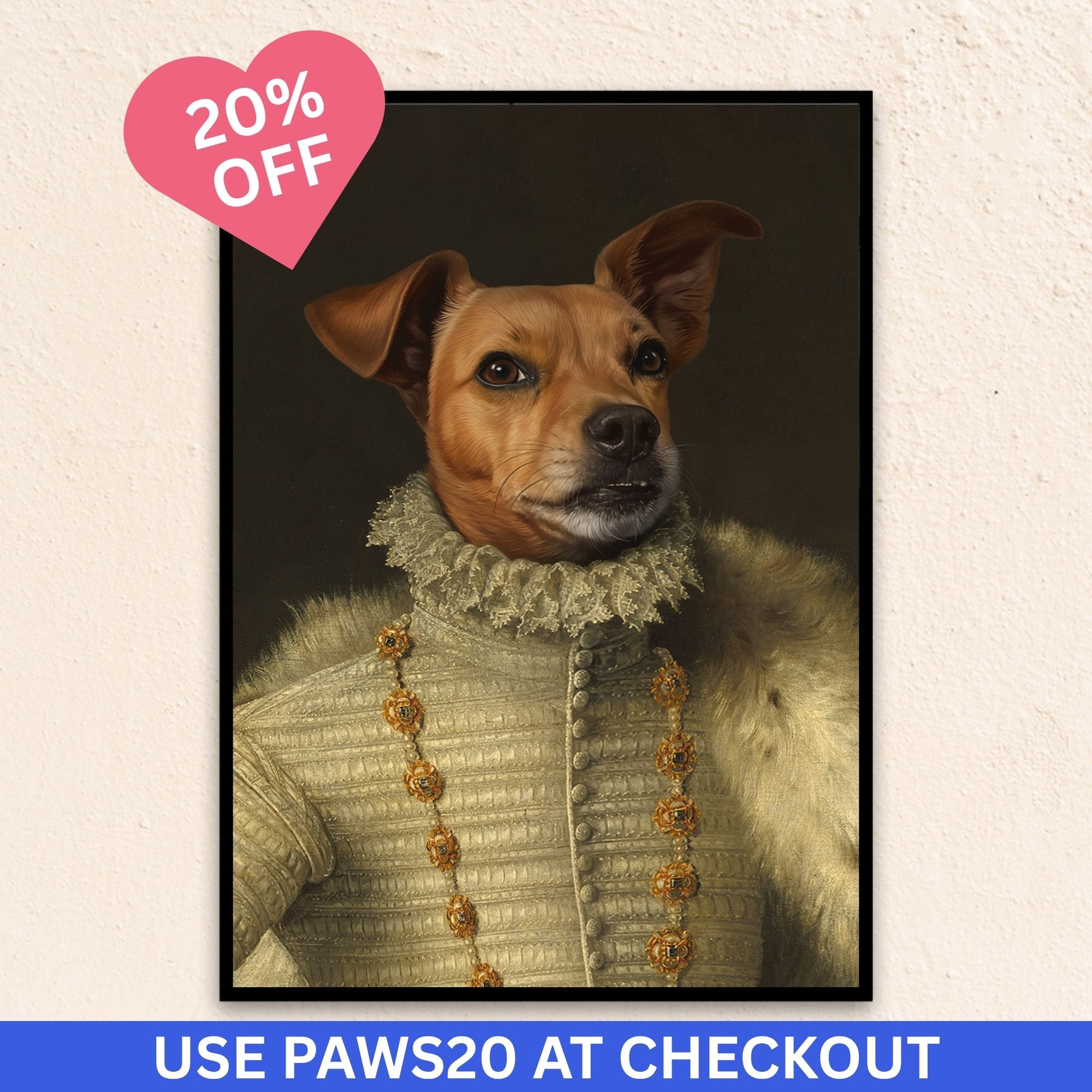 Custom Royal pet portrait wall art. Dog wearing Elizabethan costume with fur cape and gold and pearl necklace.