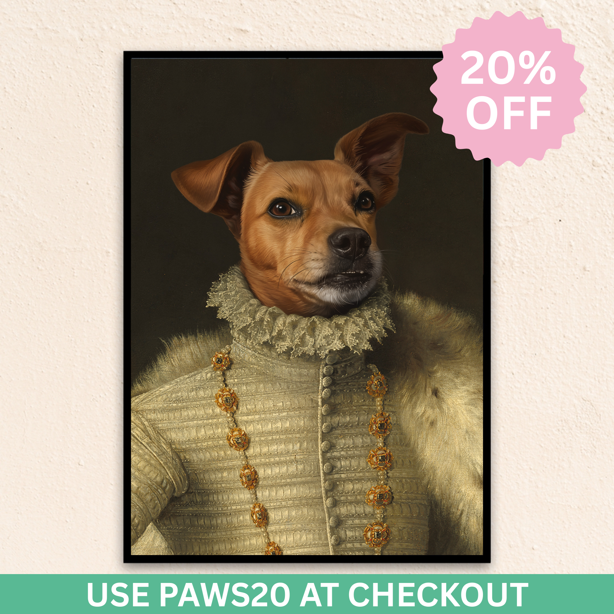 Custom Royal pet portrait wall art. Dog wearing Elizabethan costume with fur cape and gold and pearl necklace.