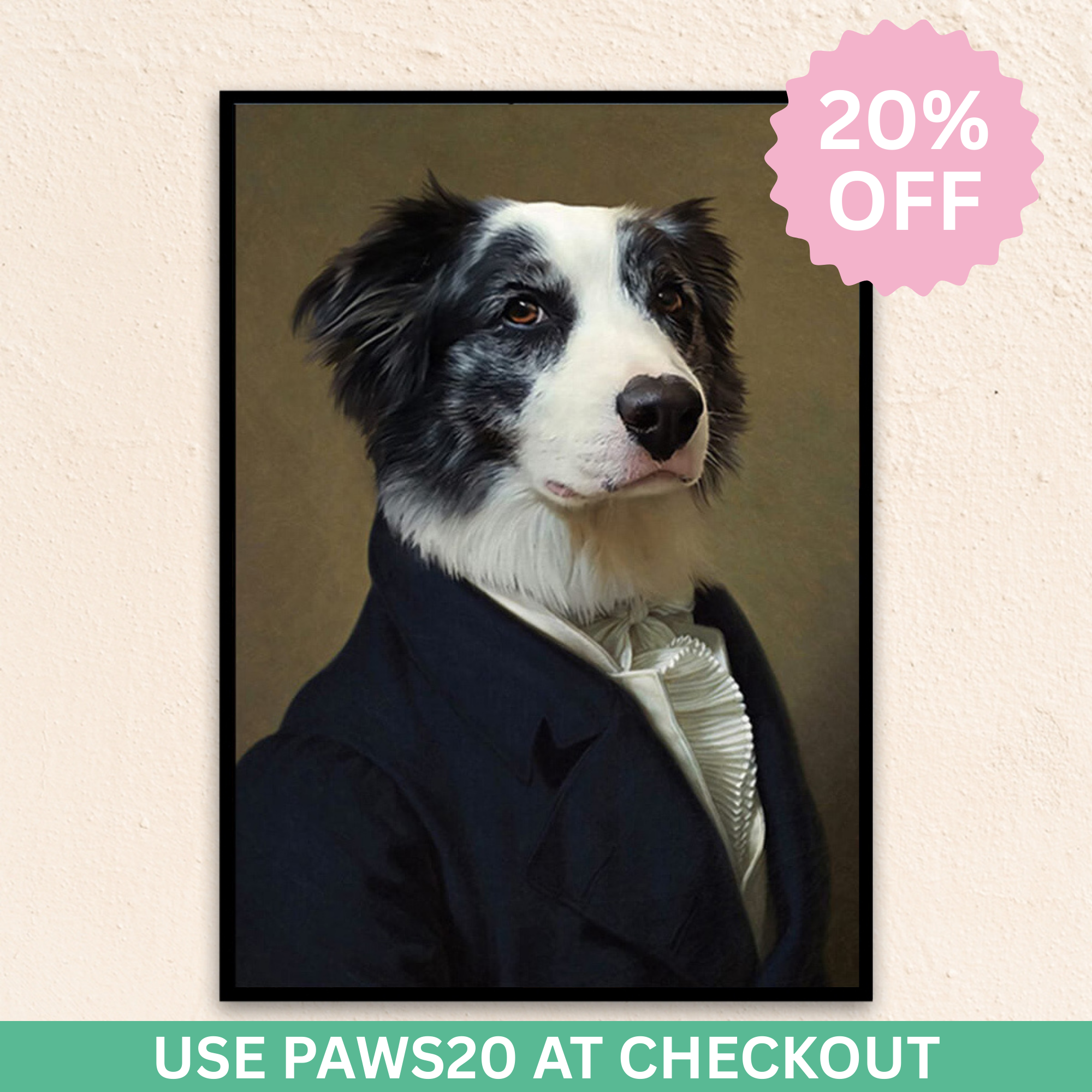 Custom Royal dog portrait wall art. Border Collie dog wearing a men's renaissance jacket and white collared frilled shirt.