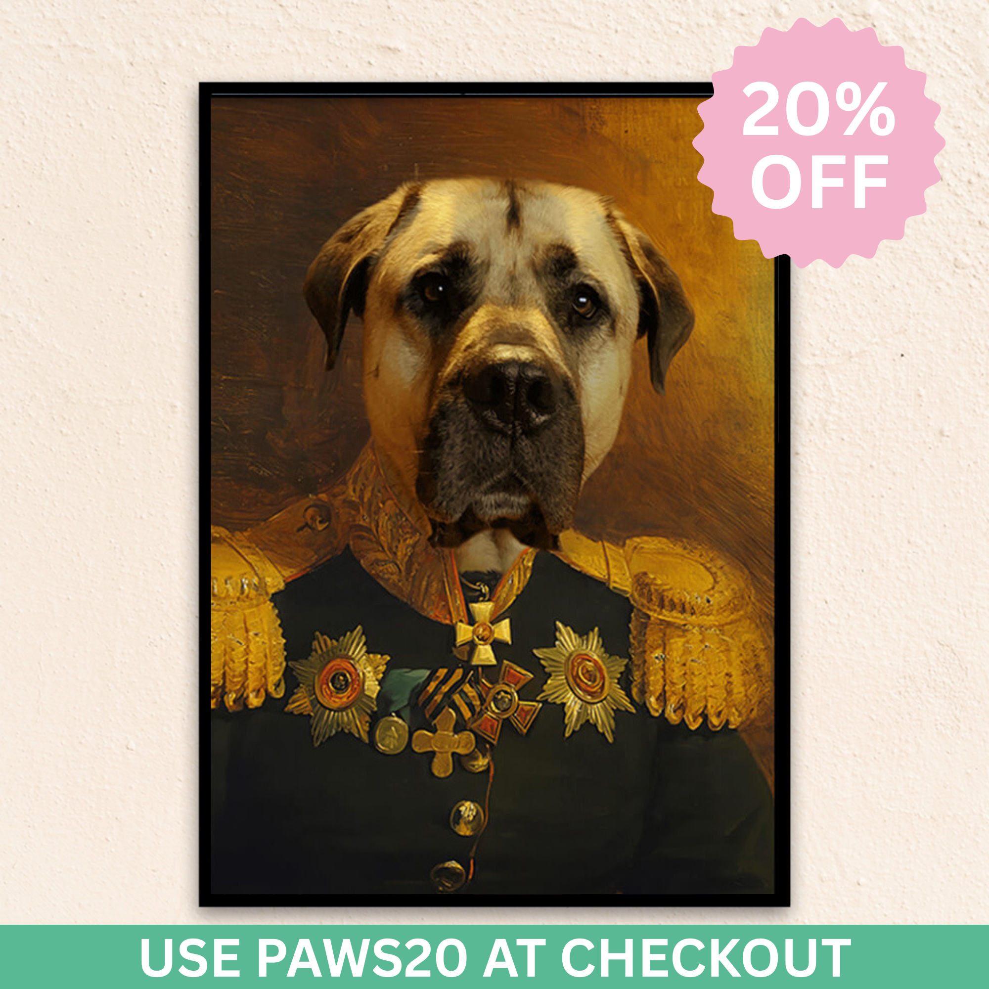 Custom Military pet portrait wall art. Dog in military costume with medals.