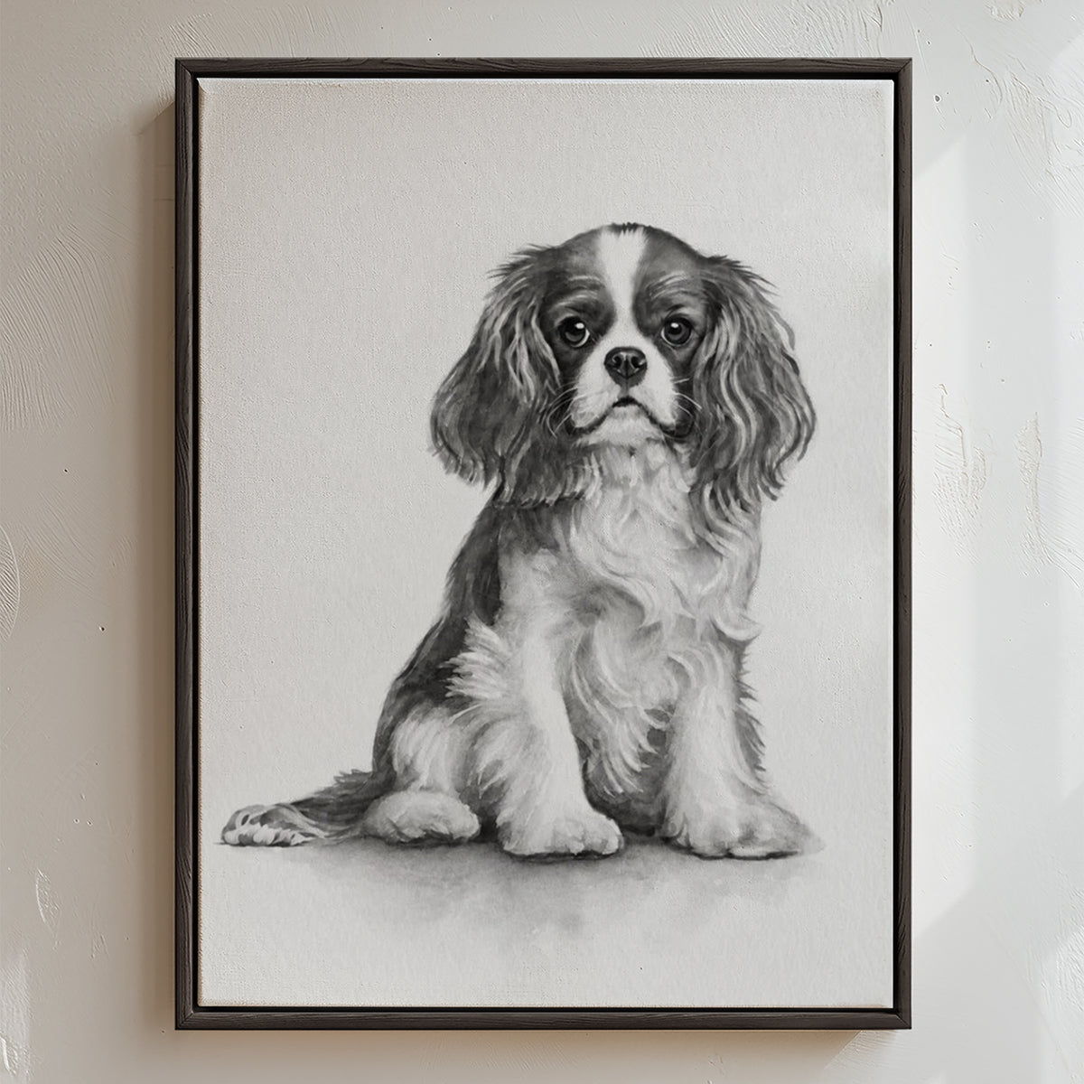 Custom black and white dog portrait of a graceful Cavalier King Charles Spaniel, featuring soft flowing ears and expressive eyes in a timeless watercolor style, capturing the breed’s gentle and elegant charm.