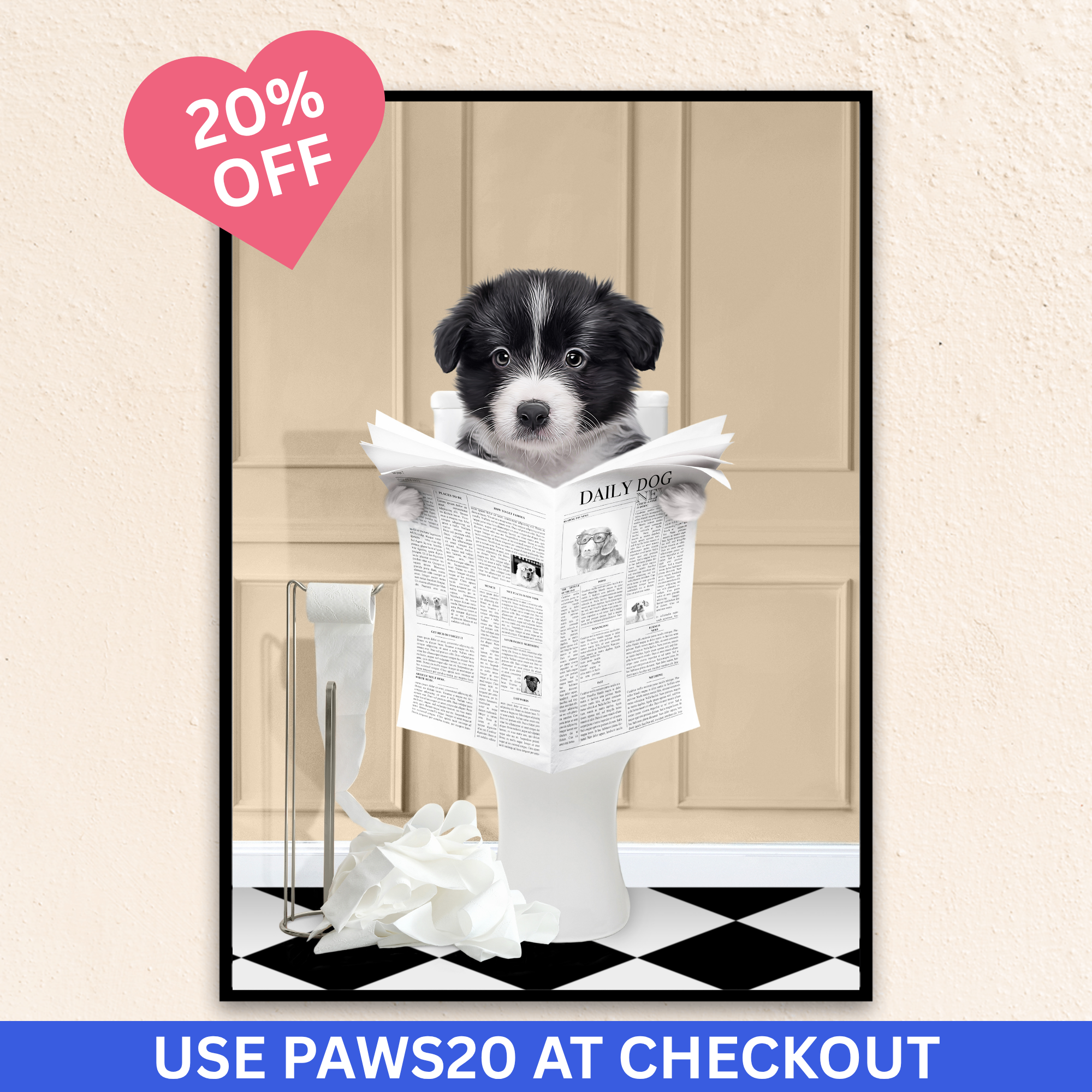Custom Bathroom Art Dog Portrait I Reading A Newspaper - Beige