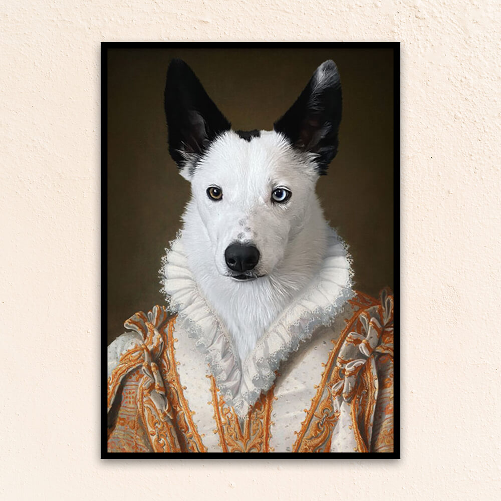 Custom royal pet portrait wall art. Dog wearing renaissance costume with white frilled collar.