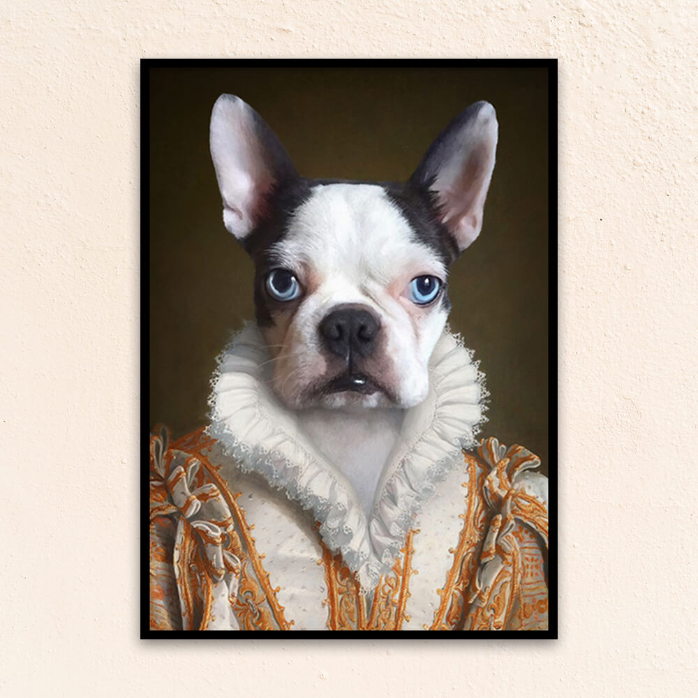 Custom royal pet portrait wall art.  French Bulldog wearing renaissance costume with white frilled collar.