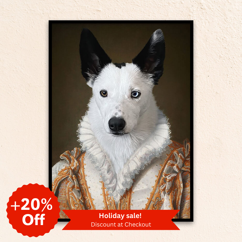 Custom royal pet portrait wall art. Dog wearing renaissance costume with white frilled collar.