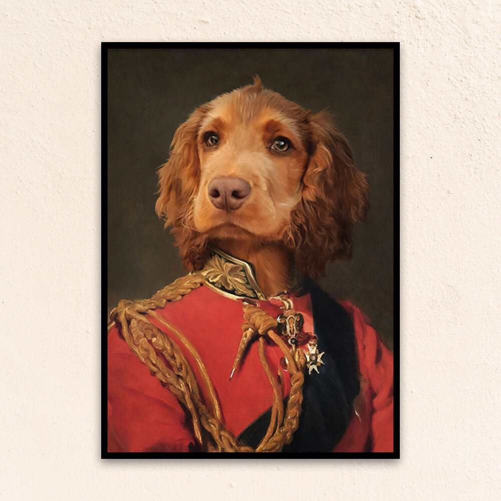 Custom military pet portrait wall art. Dog wearing red military costume with medals and black sash.