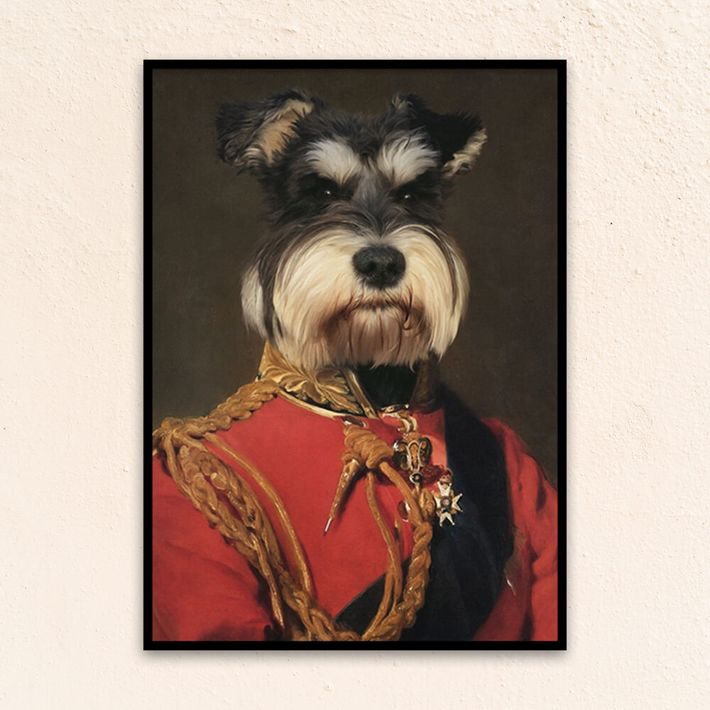 Custom military pet portrait wall art. Dog wearing red military costume with medals and black sash.