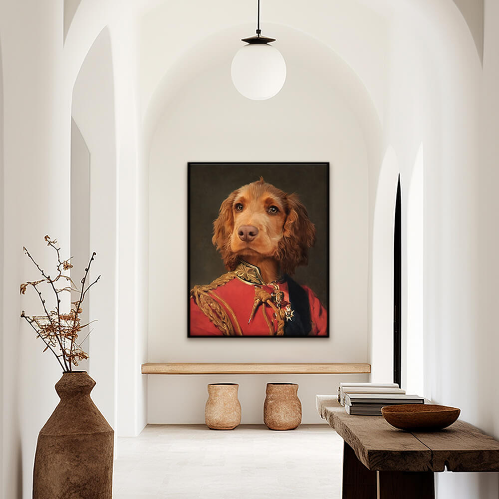 Custom military pet portrait hallway wall art. Dog wearing red military costume with medals and black sash.