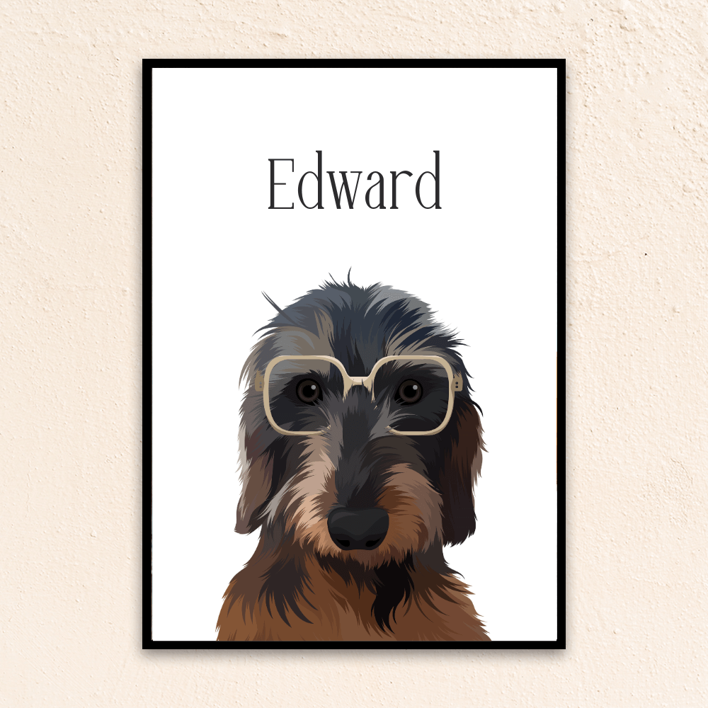 Custom funny pet portrait wall art. Dachshund puppy wearing beige eyeglasses on a white background. Personalized with pet name at the top of the poster.