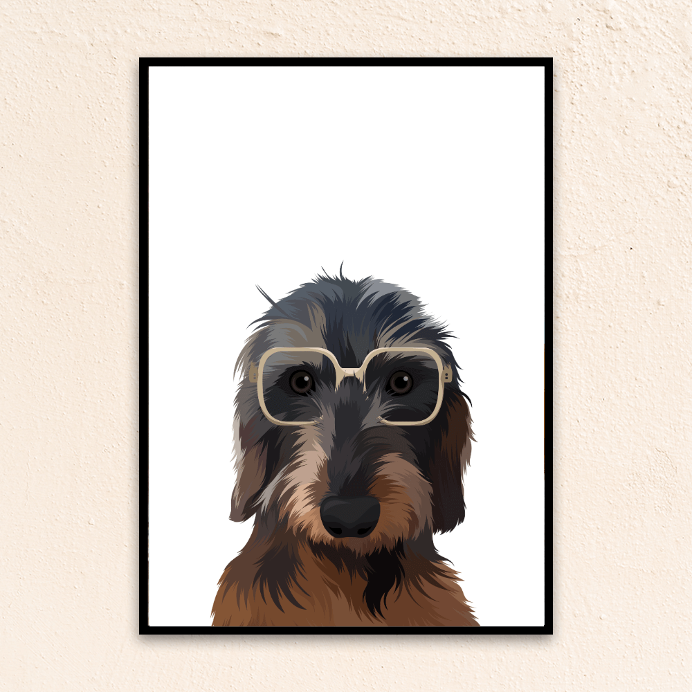 Custom funny pet portrait wall art. Dachshund puppy wearing beige eyeglasses on a white background. 