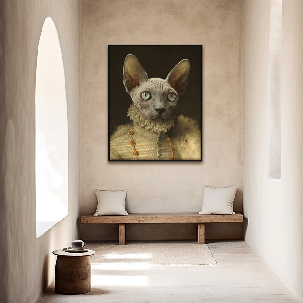 Custom Royal pet portrait wall art.  Sphynx cat wearing Elizabethan costume with fur cape and gold and pearl necklace.