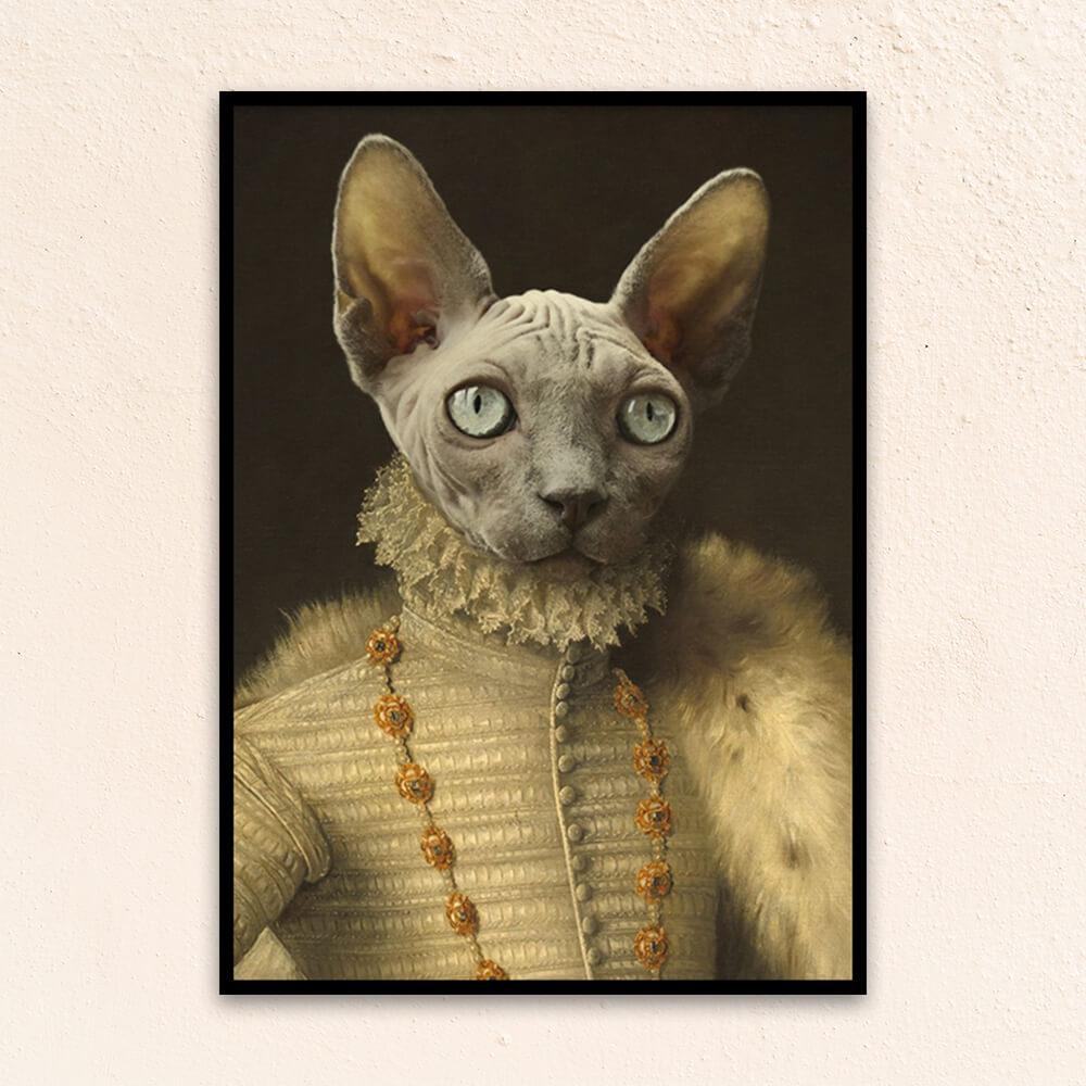 Custom Royal pet portrait wall art.  Sphynx cat wearing Elizabethan costume with fur cape and gold and pearl necklace.