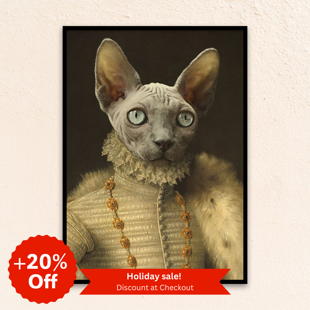 Custom Royal pet portrait wall art.  Sphynx cat wearing Elizabethan costume with fur cape and gold and pearl necklace.