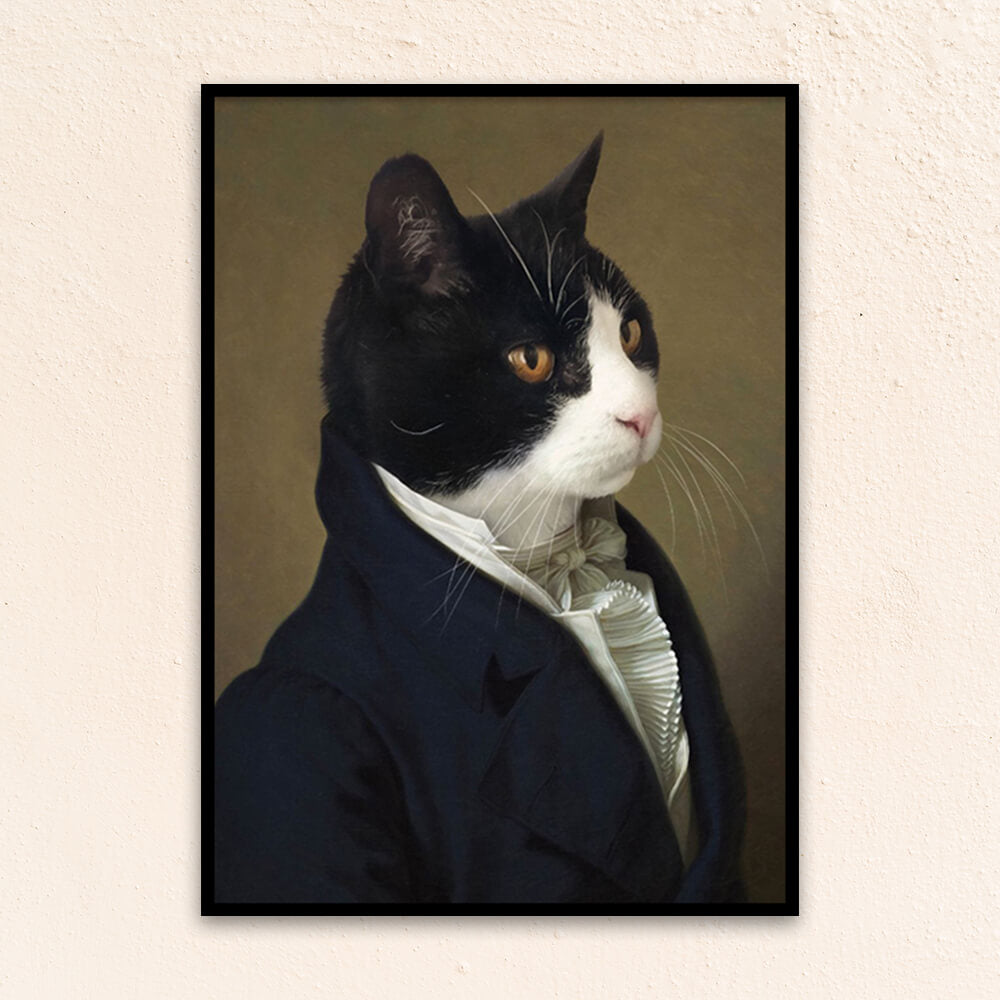 Custom royal pet portrait wall art. Black and white cat wearing a men's renaissance jacket and white collared frilled shirt