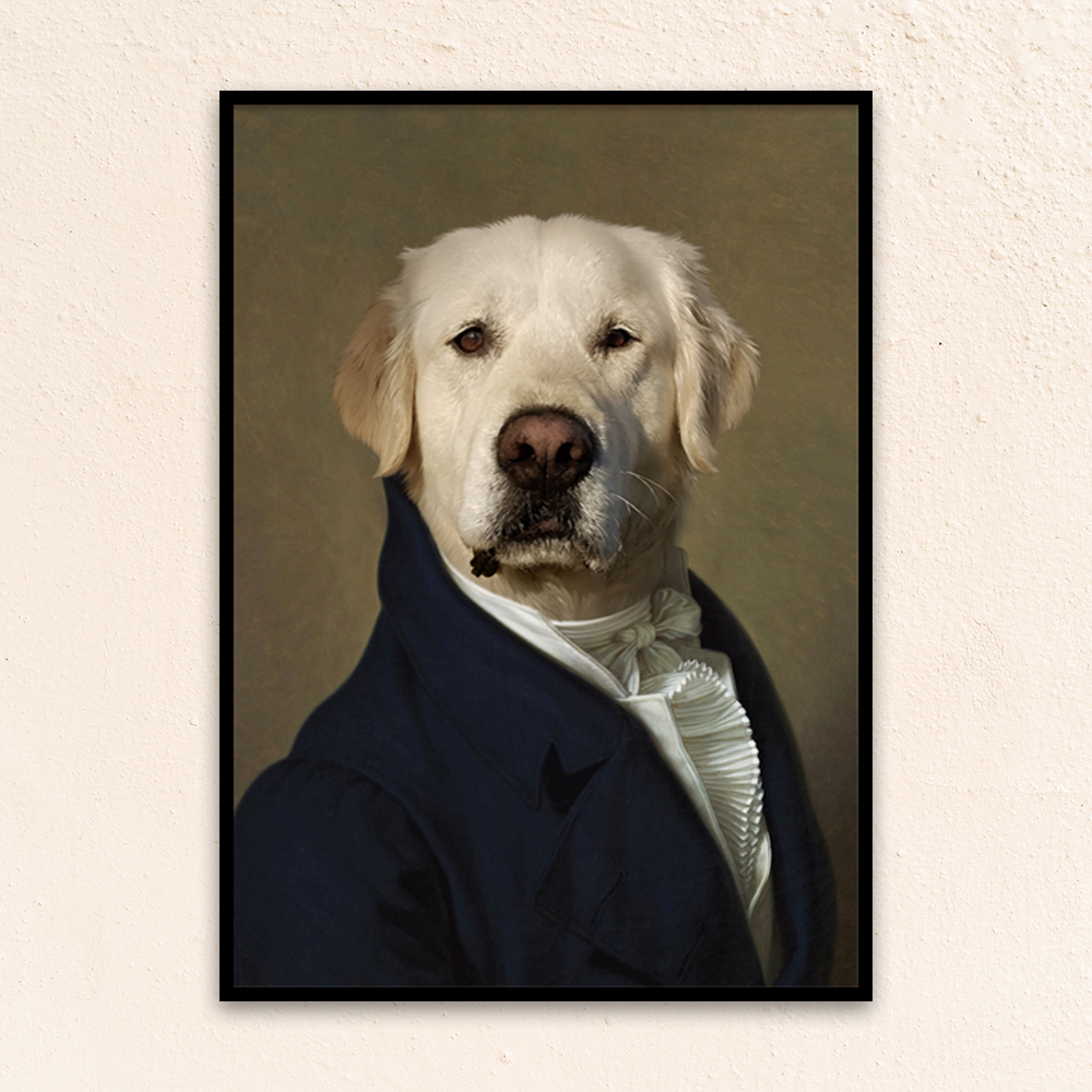 Custom royal pet portrait wall art. Labrador wearing a men's renaissance jacket and white collared frilled shirt.