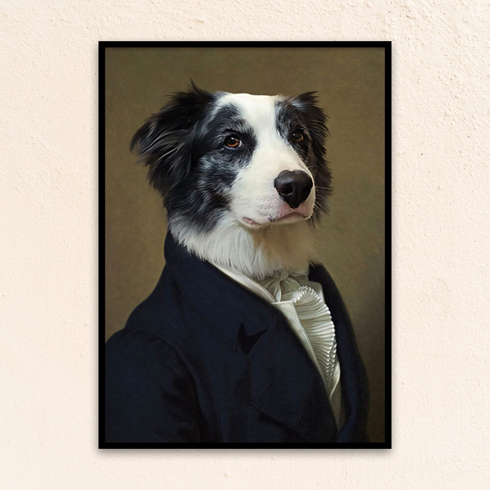 Custom royal pet portrait wall art. Border Collie dog wearing a men's renaissance jacket and white collared frilled shirt.