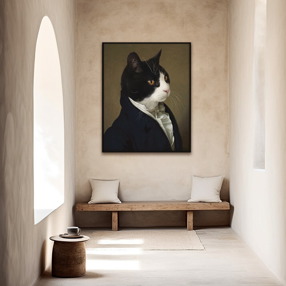 Custom royal pet portrait hallway wall art. Black and white cat wearing a men's renaissance jacket and white collared frilled shirt.