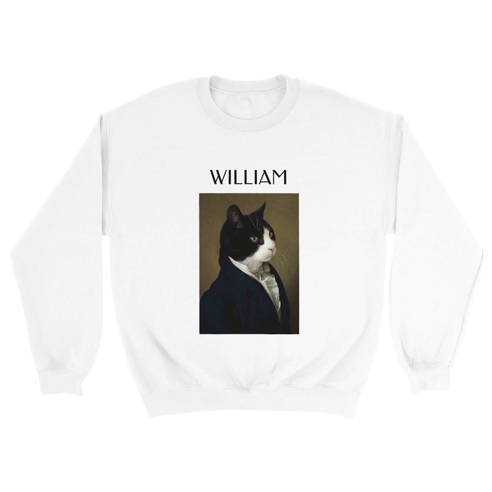 Custom royal pet portrait white sweatshirt. Black and white cat wearing a men's renaissance jacket and white collared frilled shirt. Pet's name is above image.