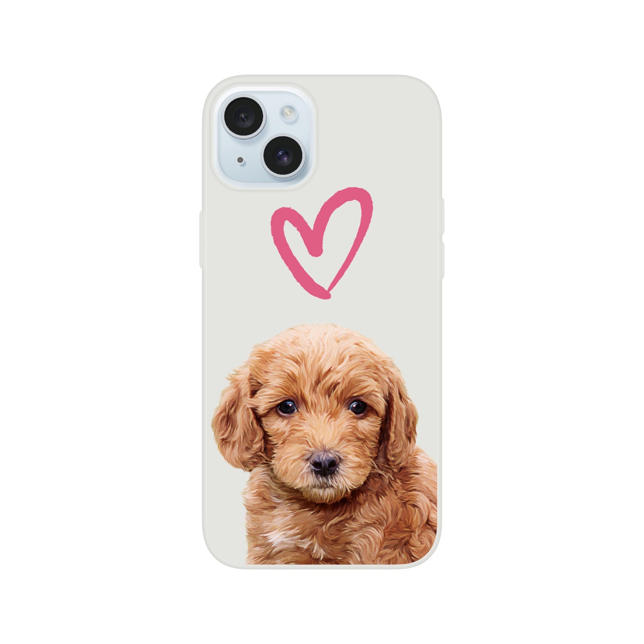 Custom pet portrait flexible phone case. Pink heart outline above a Labradoodle puppy. 