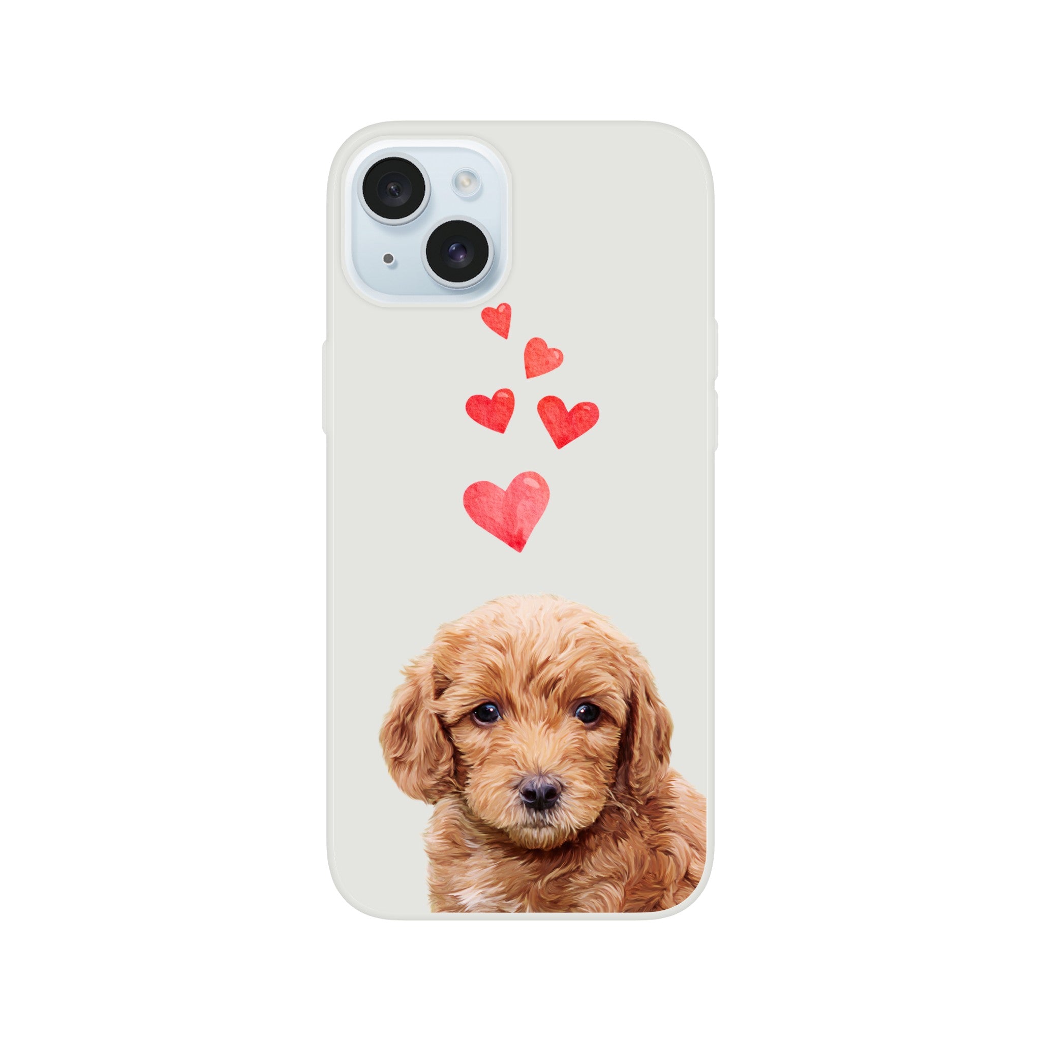 Custom pet portrait on flexible phone case. Labradoodle puppy with multiple red hearts above pet.