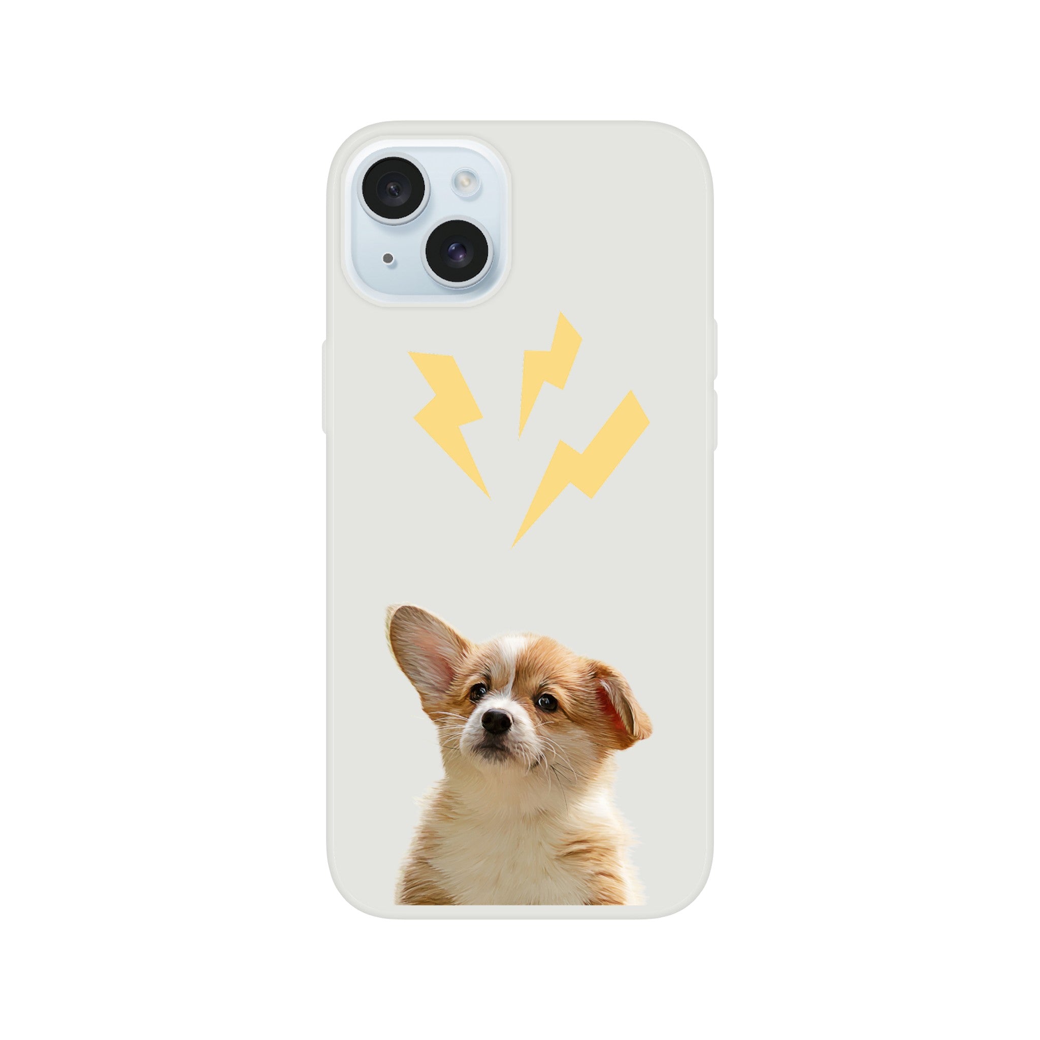 Custom pet portrait on flexible phone case. Corgi puppy with lightening bolts above pet. 