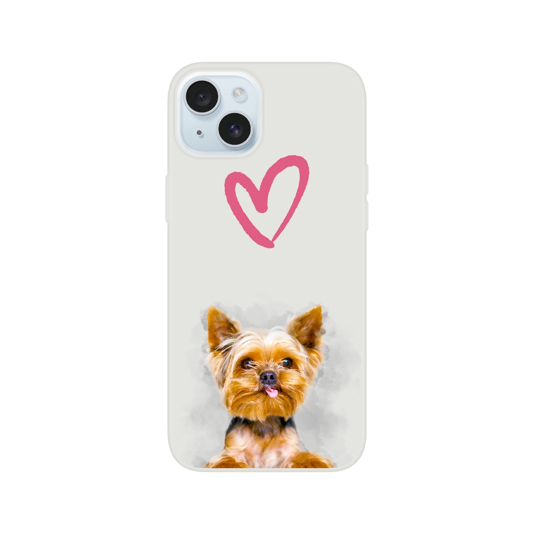 Custom watercolor pet portrait on flexible phone case. Yorkie with watercolor grey background and pink heart outline above pet. 