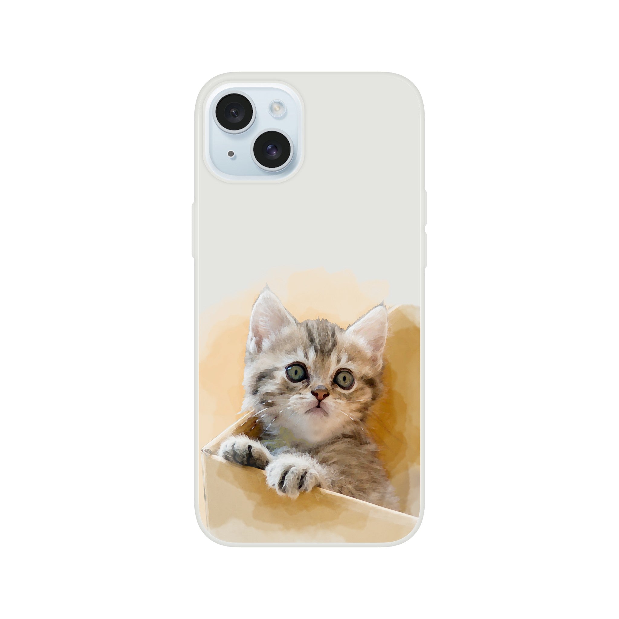 Custom watercolor pet portrait on flexible phone case. Tabby grey kitten with watercolor orange background.