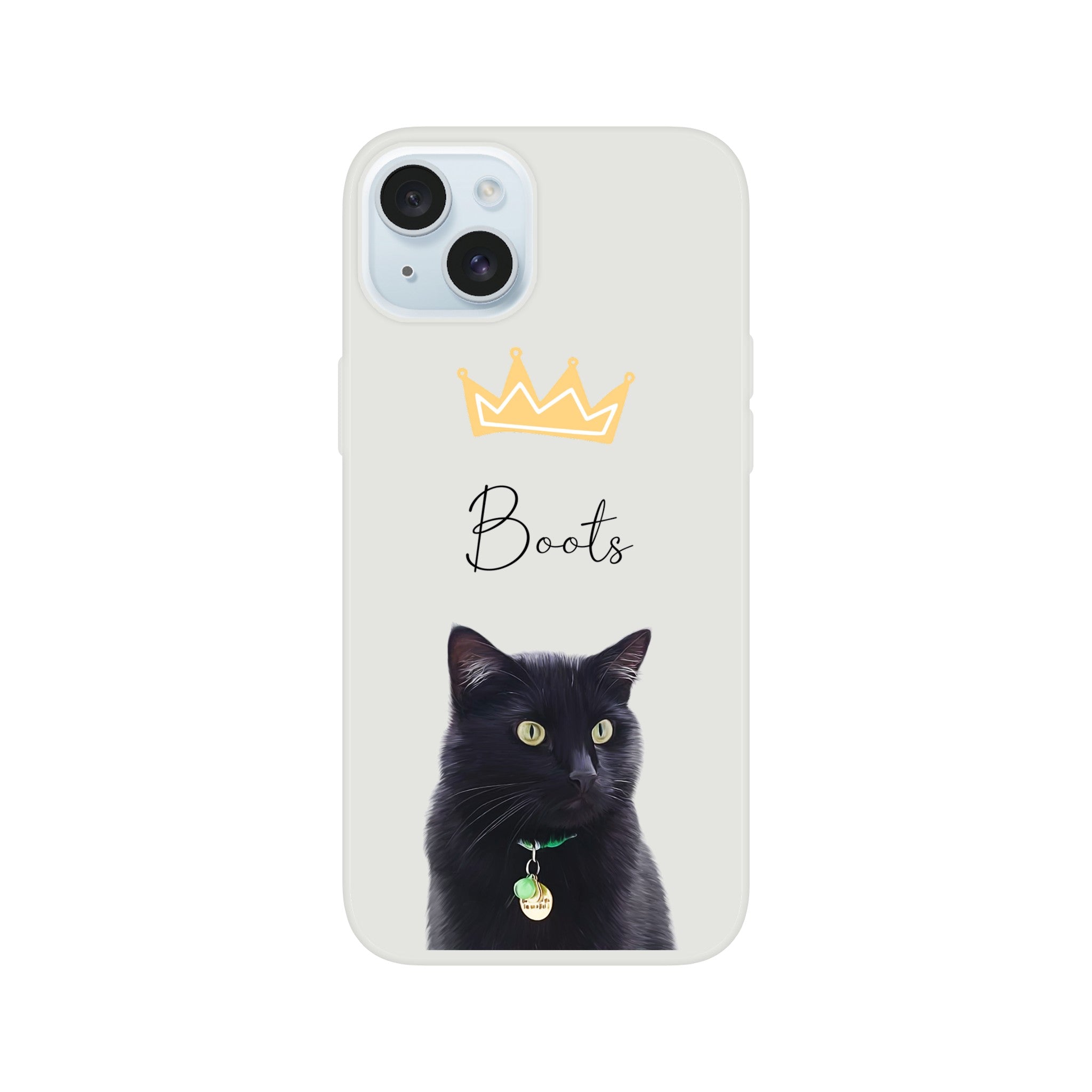 Custom pet portrait on flexible phone case. Black cat with pet name and yellow crown above pet.