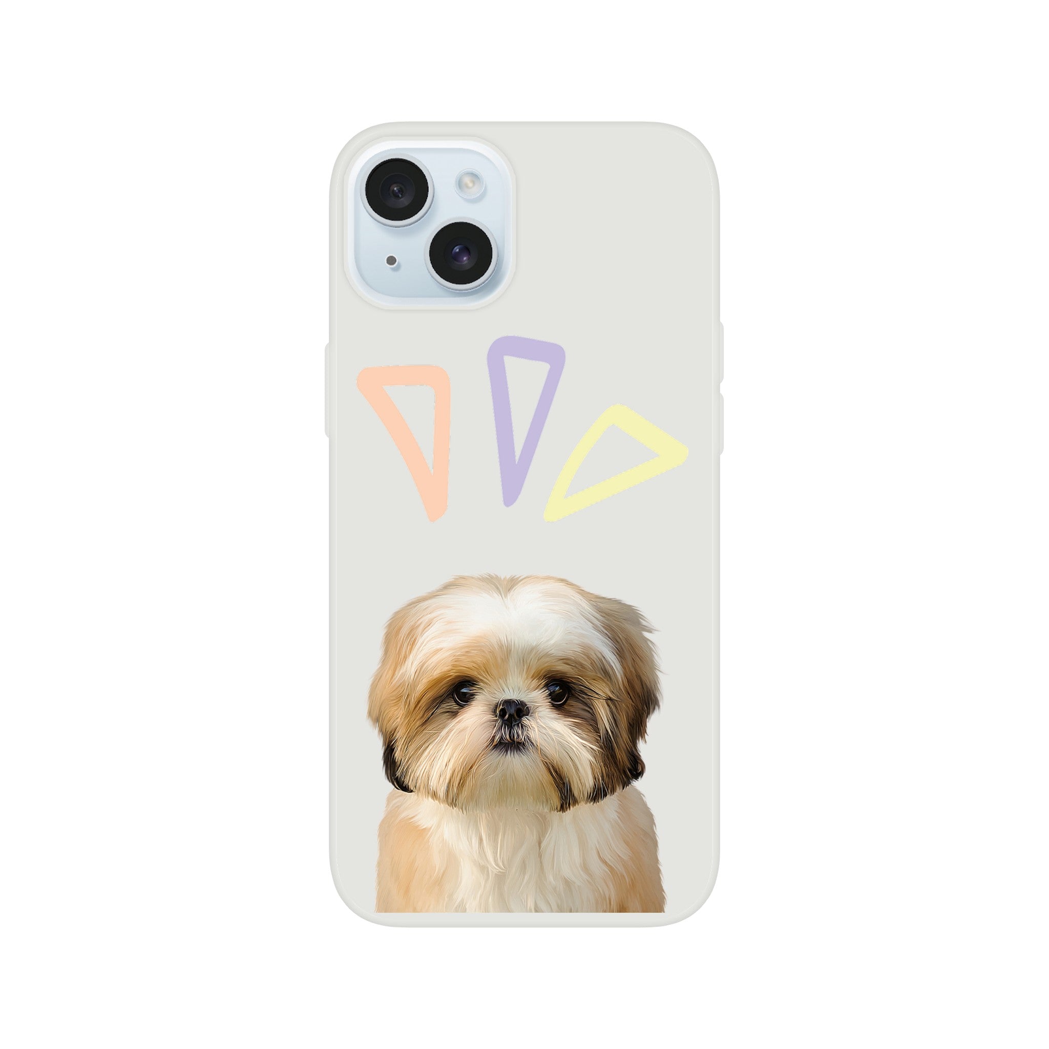 Custom pet portrait on flexible phone case. Shih Tzu dog with pastel triangles above pet.