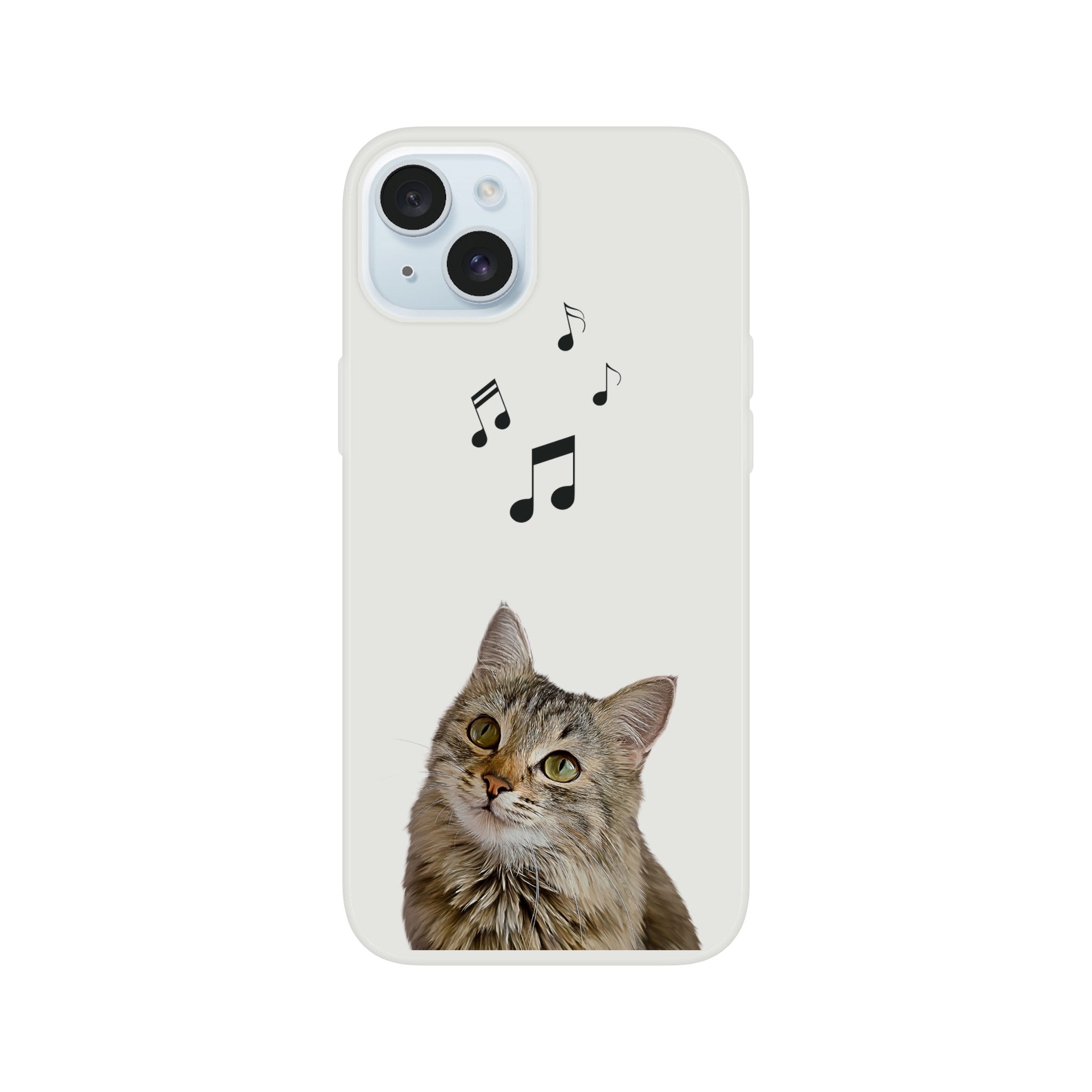 Custom pet portrait on flexible phone case. Tabby cat with musical notes above cat.