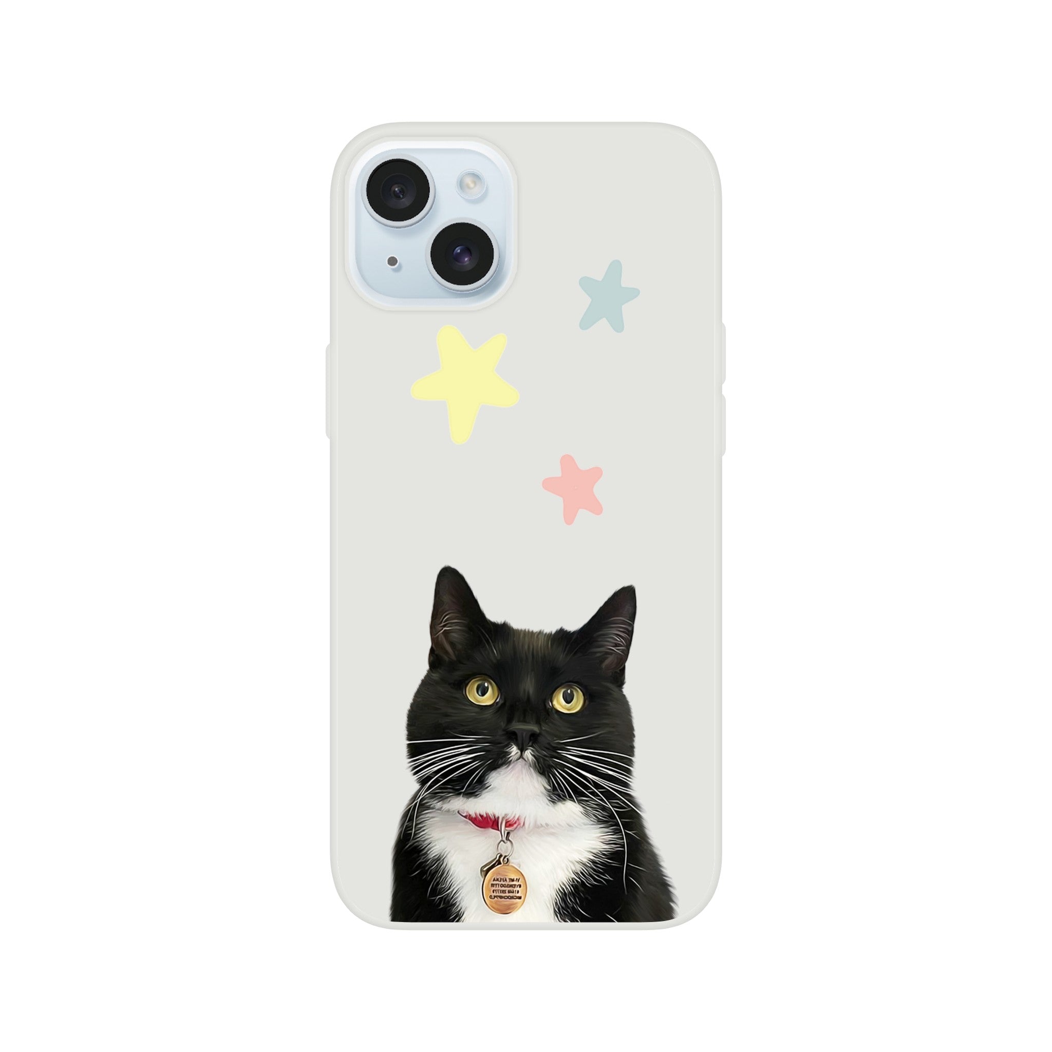 Custom pet portrait on flexible phone case. Black cat with pastel stars above pet. 