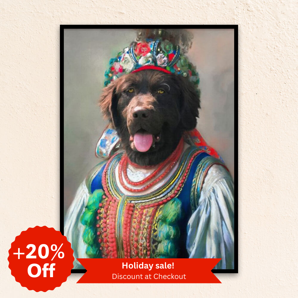 Custom royal pet portrait wall art.  Dog in folk costume with floral headwrap.