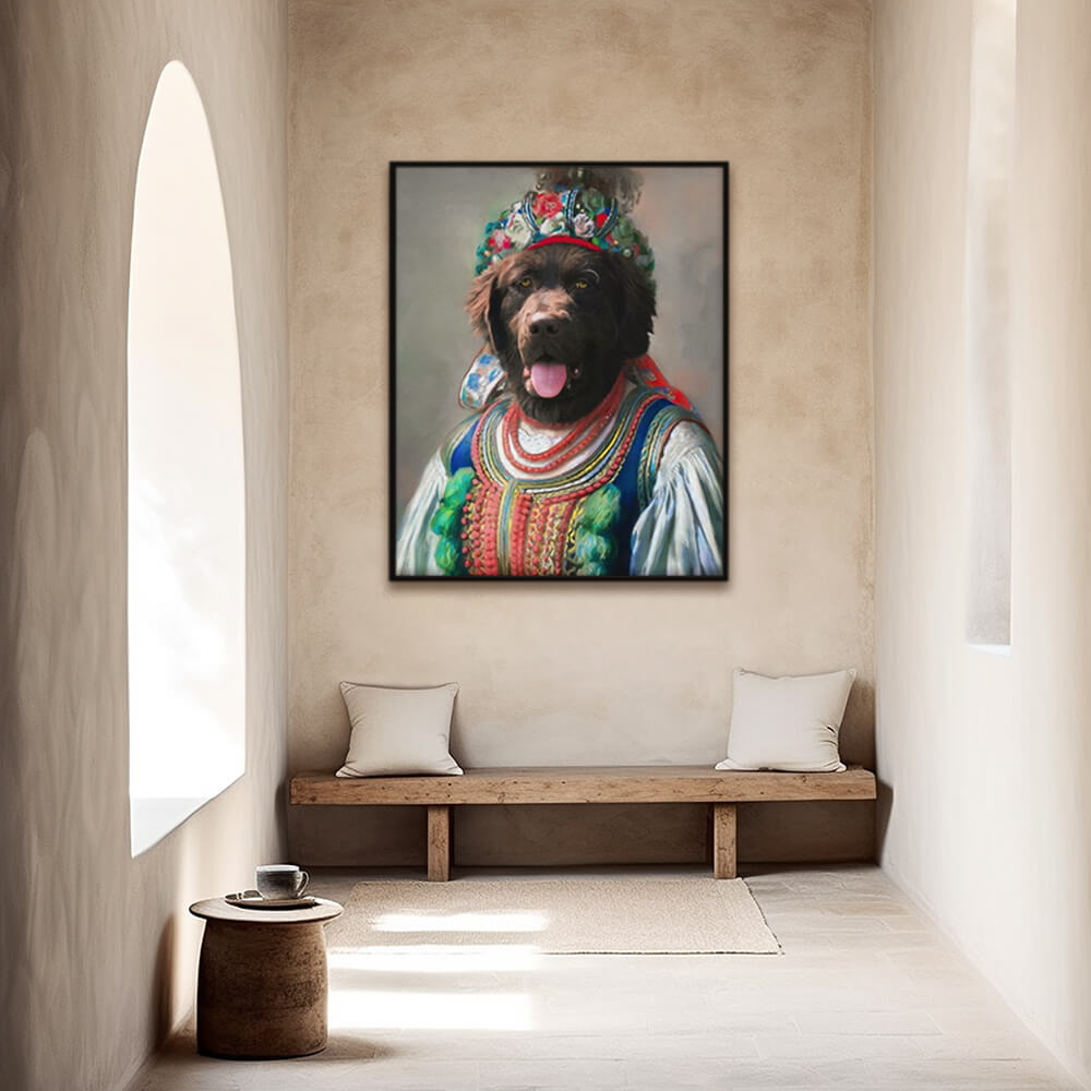 Custom royal pet portrait wall art.  Dog in folk costume with floral headwrap.