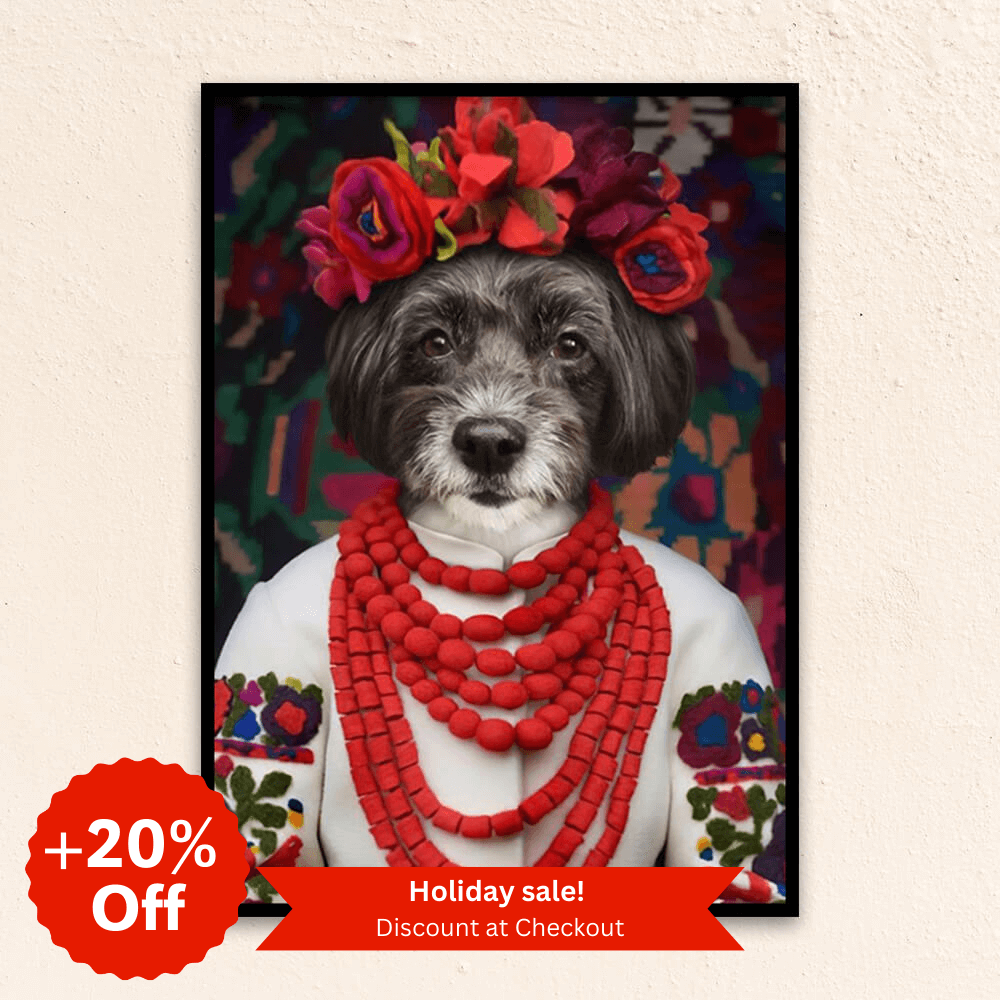 Custom royal pet portrait wall art.  Dog in folk costume with floral crown and red bead necklaces.