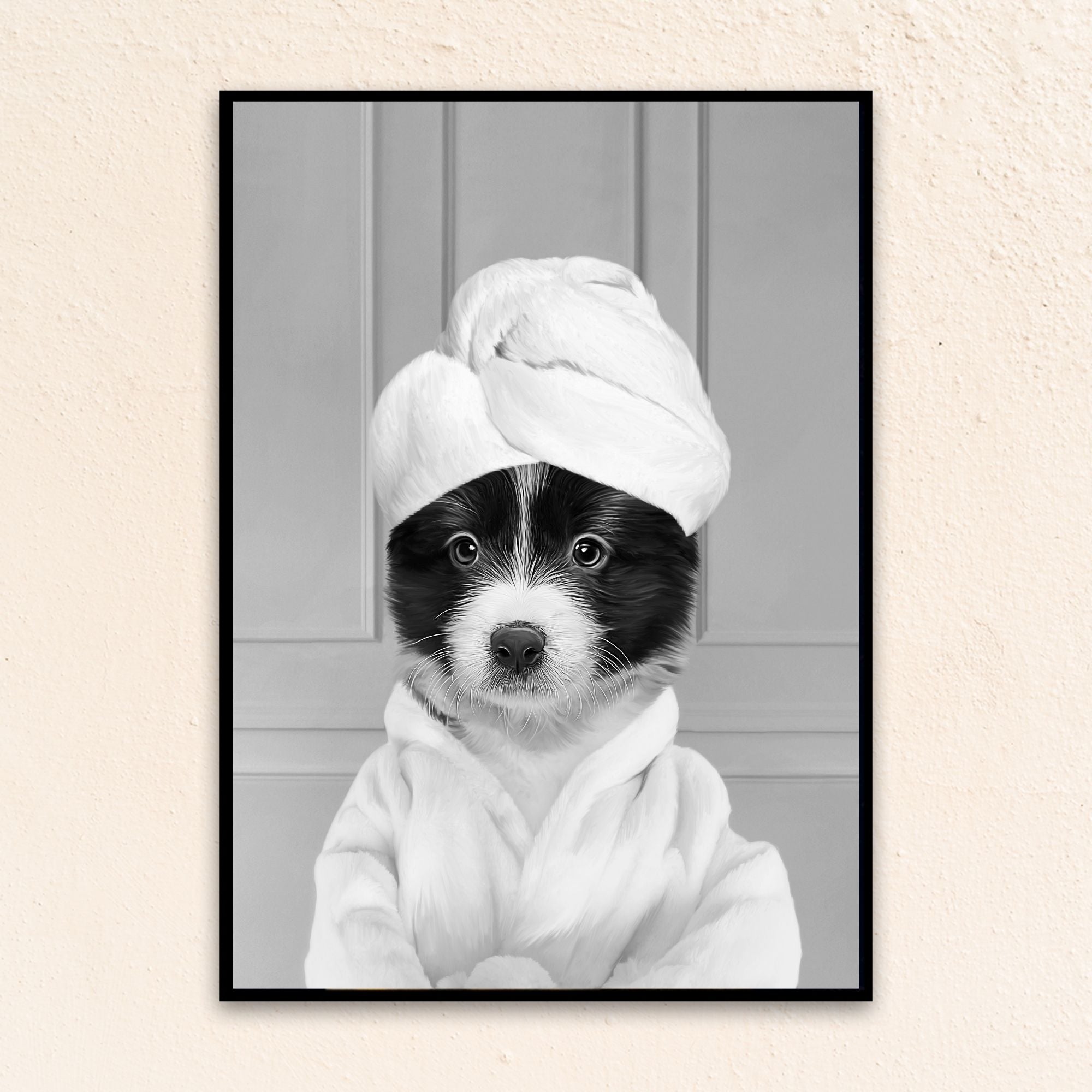 Custom Funny Art Pet Portrait | Wearing A Bathrobe -  Black & White