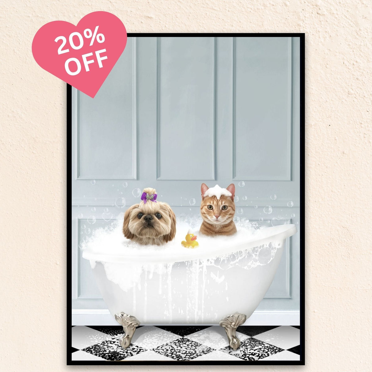 Custom pet portrait featuring a dog and a cat in a bubble-filled clawfoot bathtub with a rubber duck, set against a light blue paneled wall and black-and-white checkered floor.