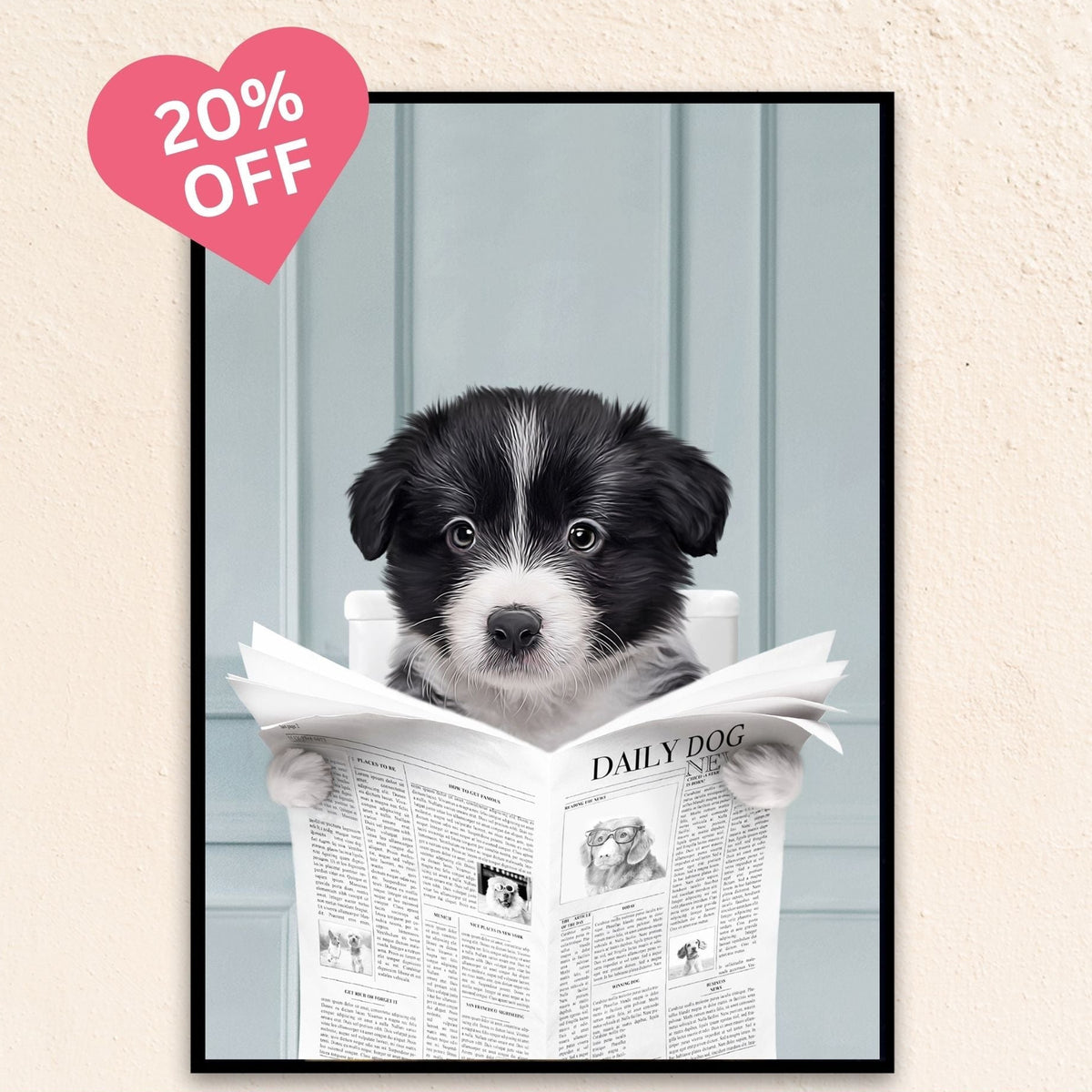 Custom Bathroom Dog Portrait I Close Up Reading A Newspaper - Blue