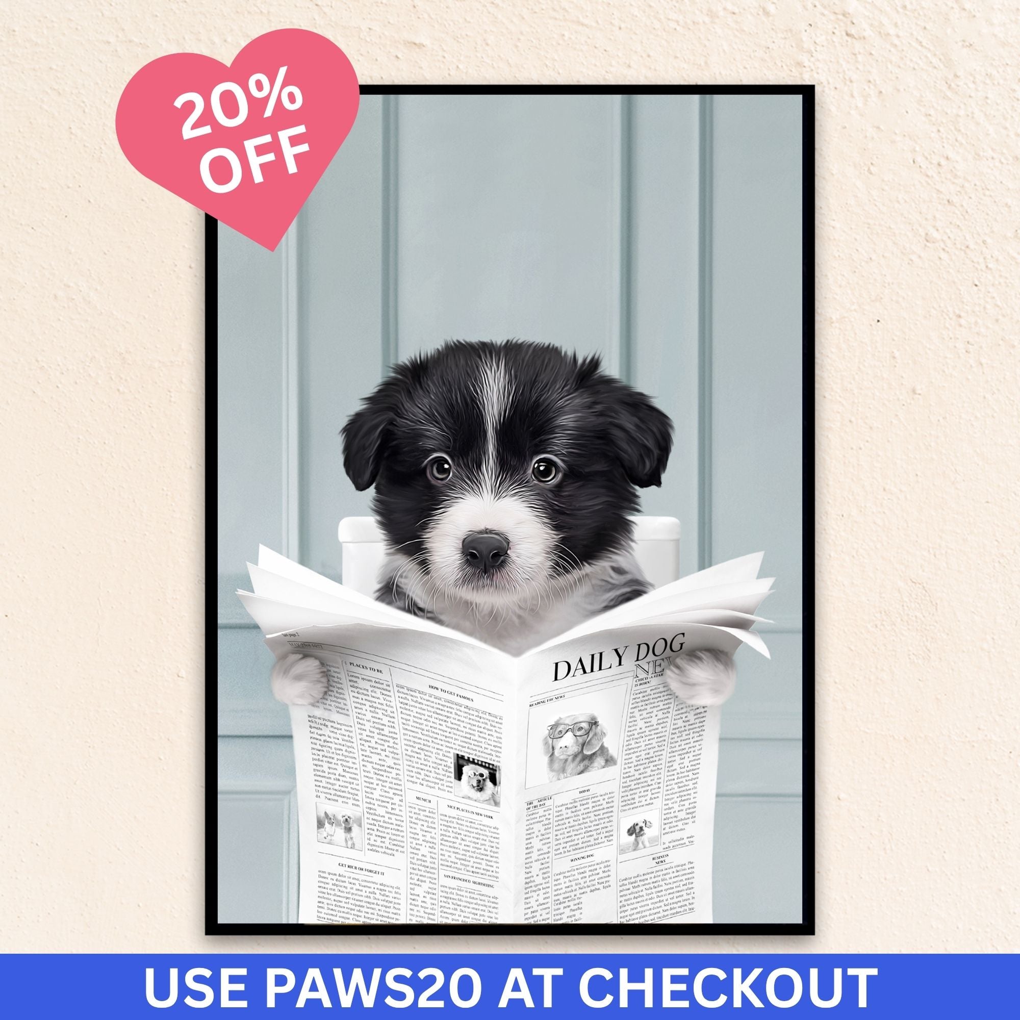 Custom Bathroom Dog Portrait I Close Up Reading A Newspaper - Blue