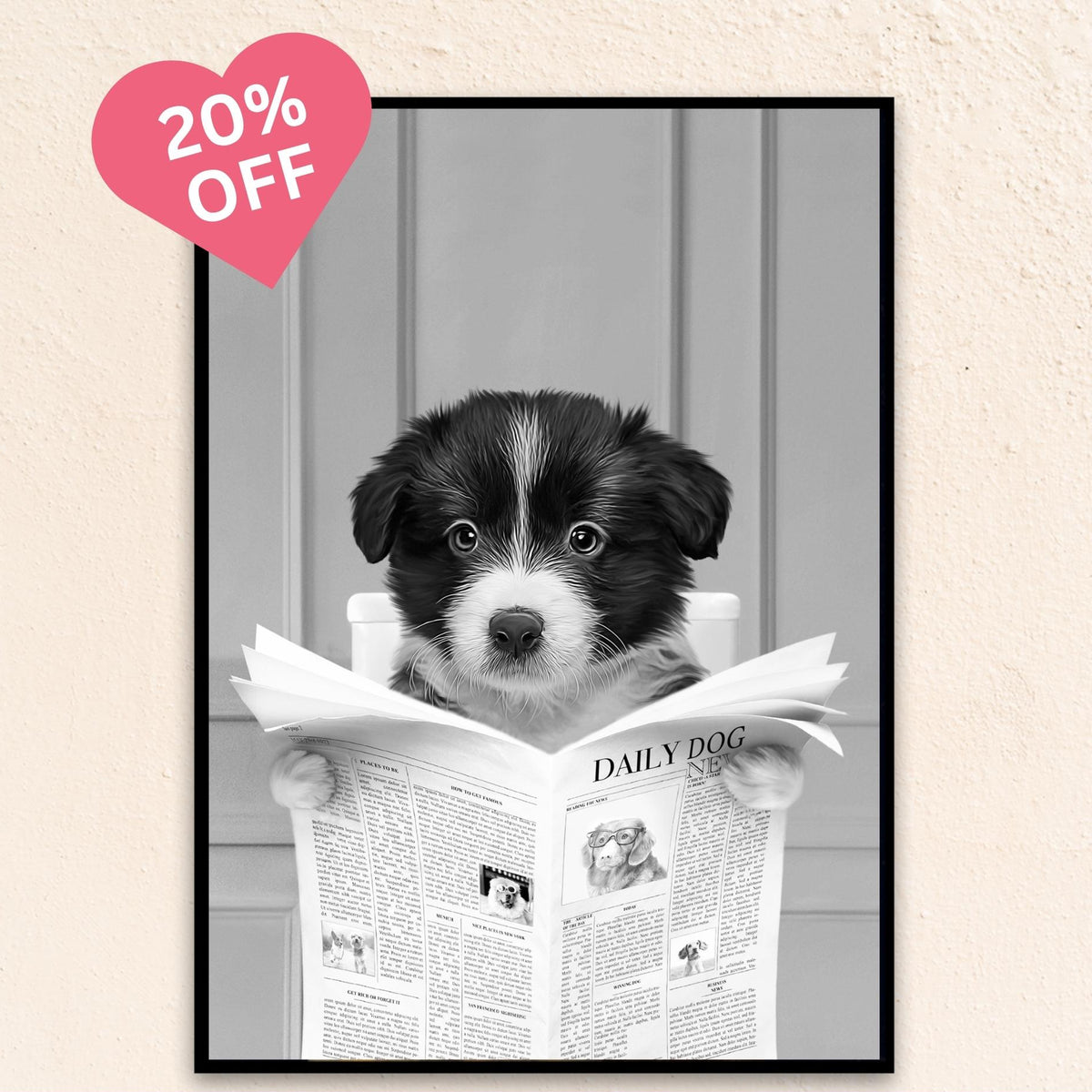 Custom Bathroom Dog Portrait I Close Up Reading A Newspaper - Black & White
