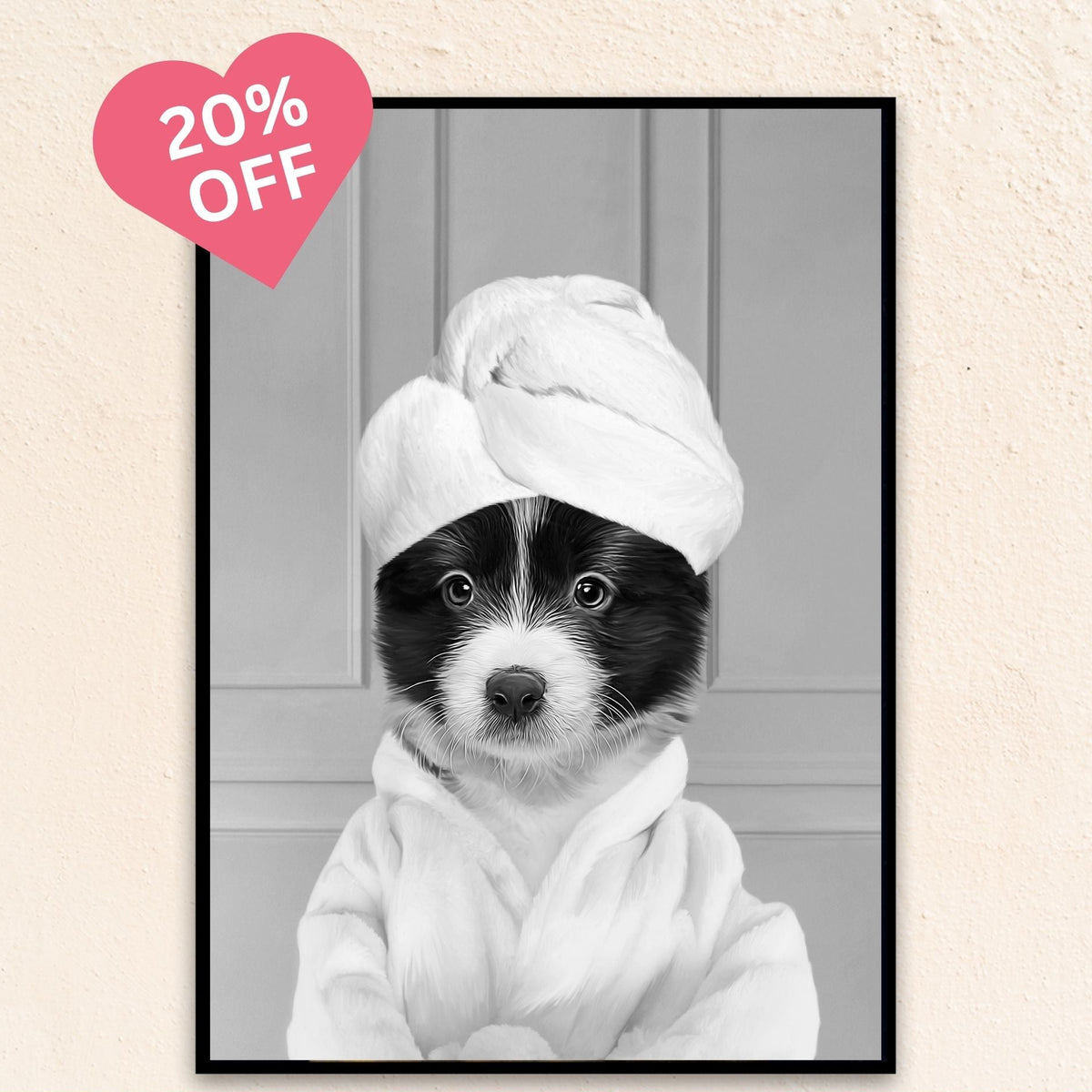 Custom Bathroom Art Pet Portrait | Wearing A Bathrobe -  Black & White