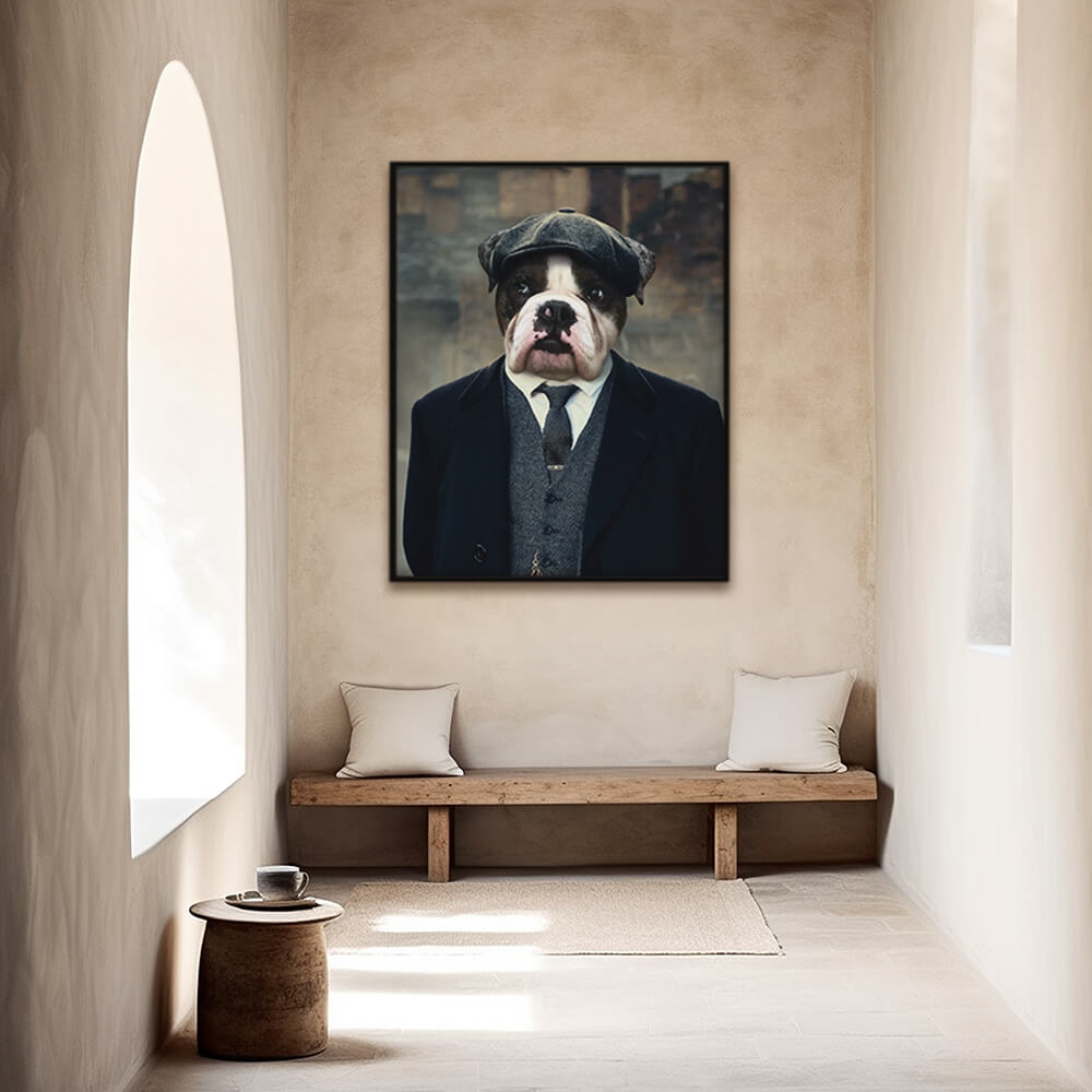 Framed Gangster custom medieval dog portrait displayed in a hallway, showcasing its dramatic style and standout presence as wall art.