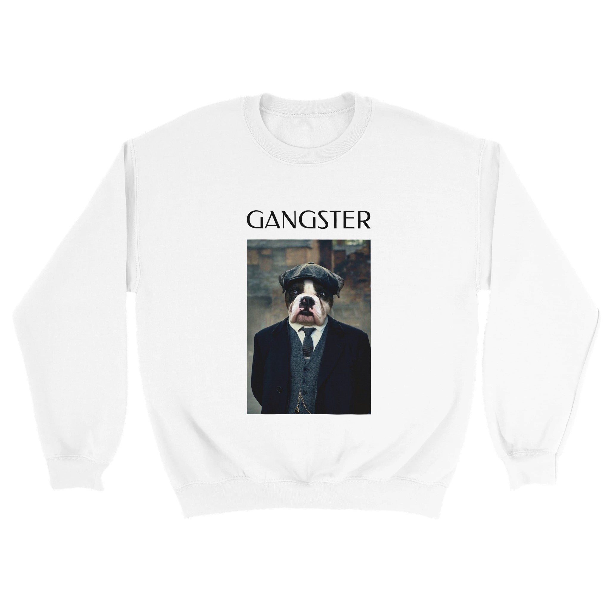 Custom regal pet portrait sweatshirt.  Bulldog wearing English gangster attire.  On white sweatshirt. The word Gangster is above image.