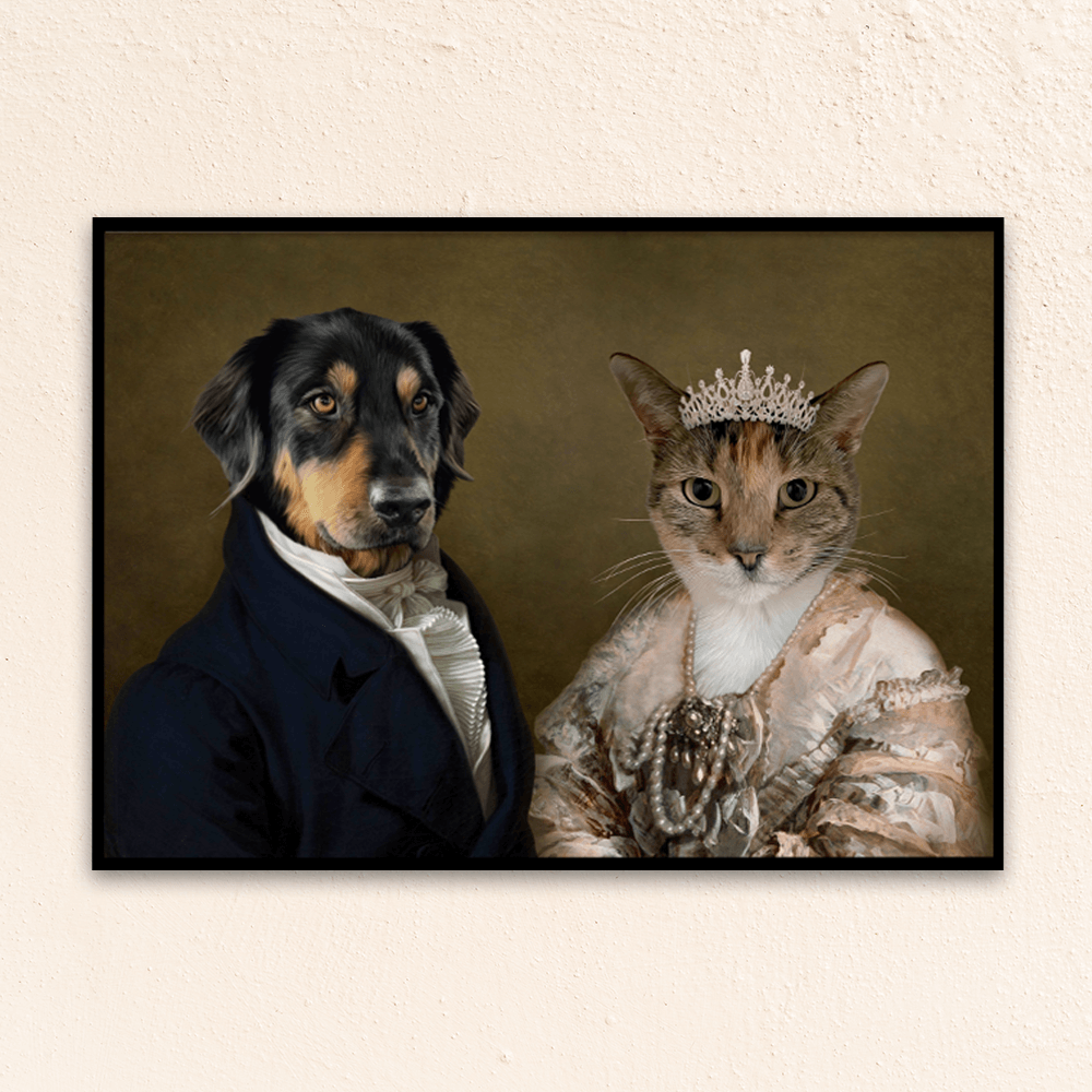 Custom multiple pet, pet portrait. Dog in renaissance blue men's jacket with frilled white shirt. Cat in regal queen pink dress with pearl necklace and diamond crown. 